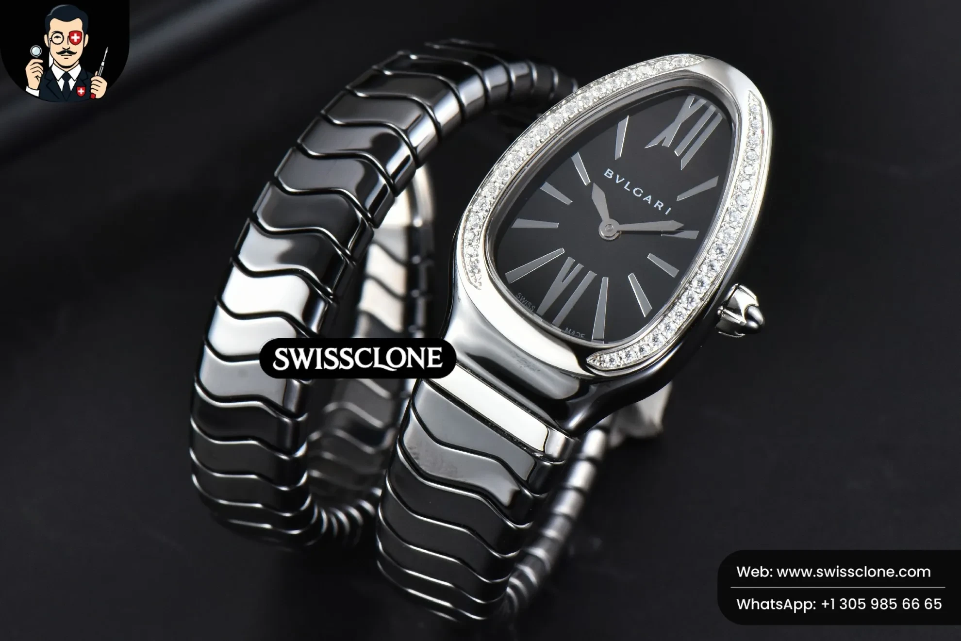 Bvlgari Serpenti Spiga 35mm Black Ceramic Black Dial Diamond Bezel Quartz (SW-23794) 1:1 Super Clone - Dial Macro & Hands Close-Up
