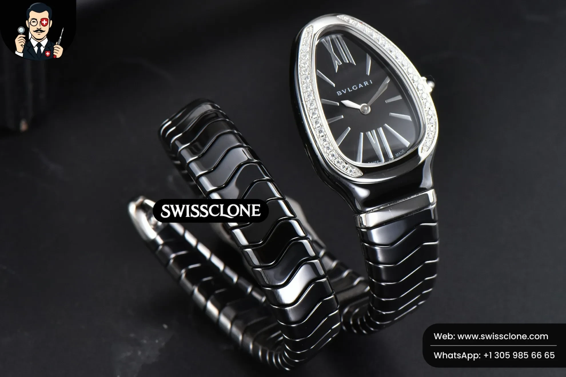 Bvlgari Serpenti Spiga 35mm Black Ceramic Black Dial Diamond Bezel Quartz (SW-23794) 1:1 Super Clone - On-Wrist Presence & Lug Geometry