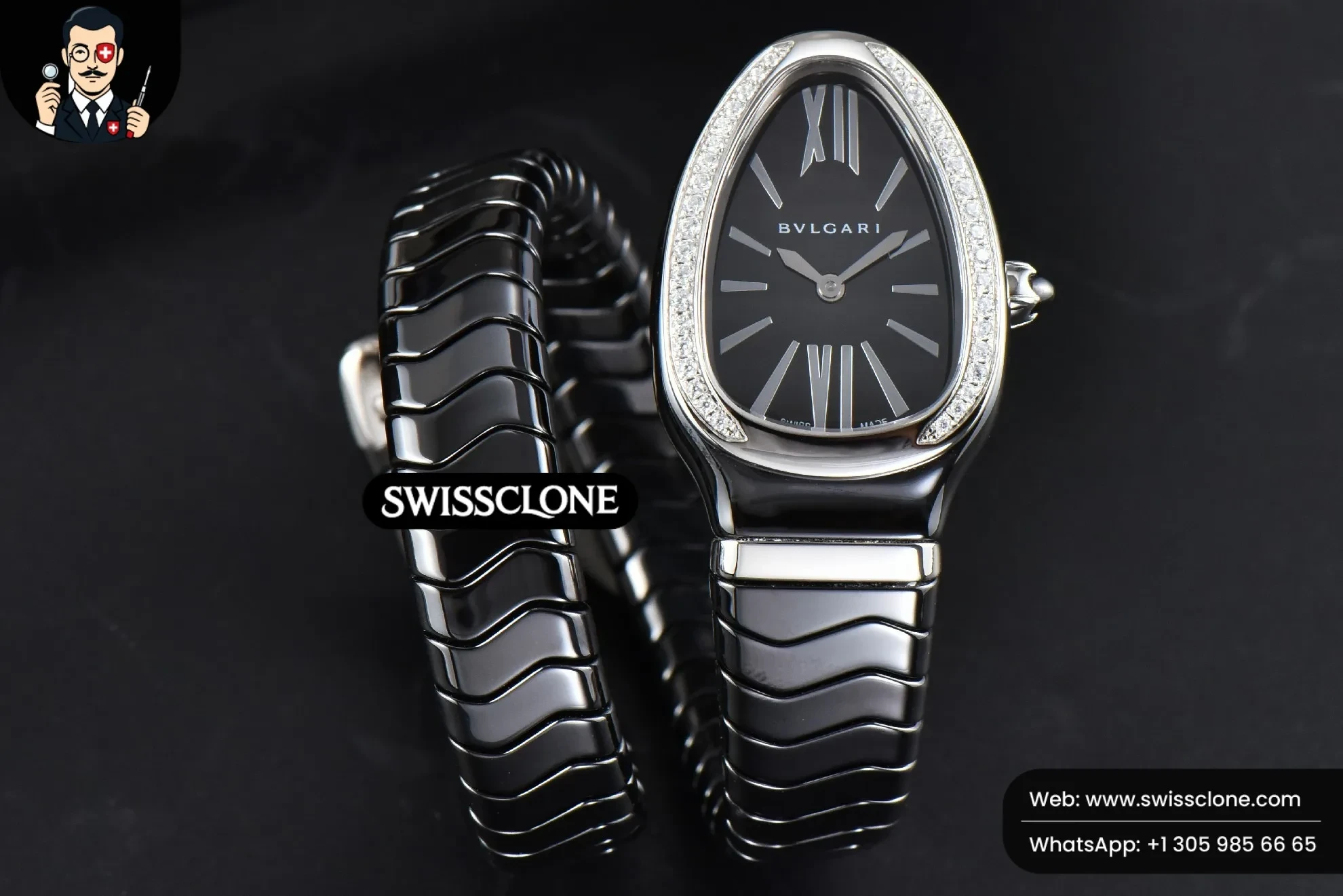 Bvlgari Serpenti Spiga 35mm Black Ceramic Black Dial Diamond Bezel Quartz