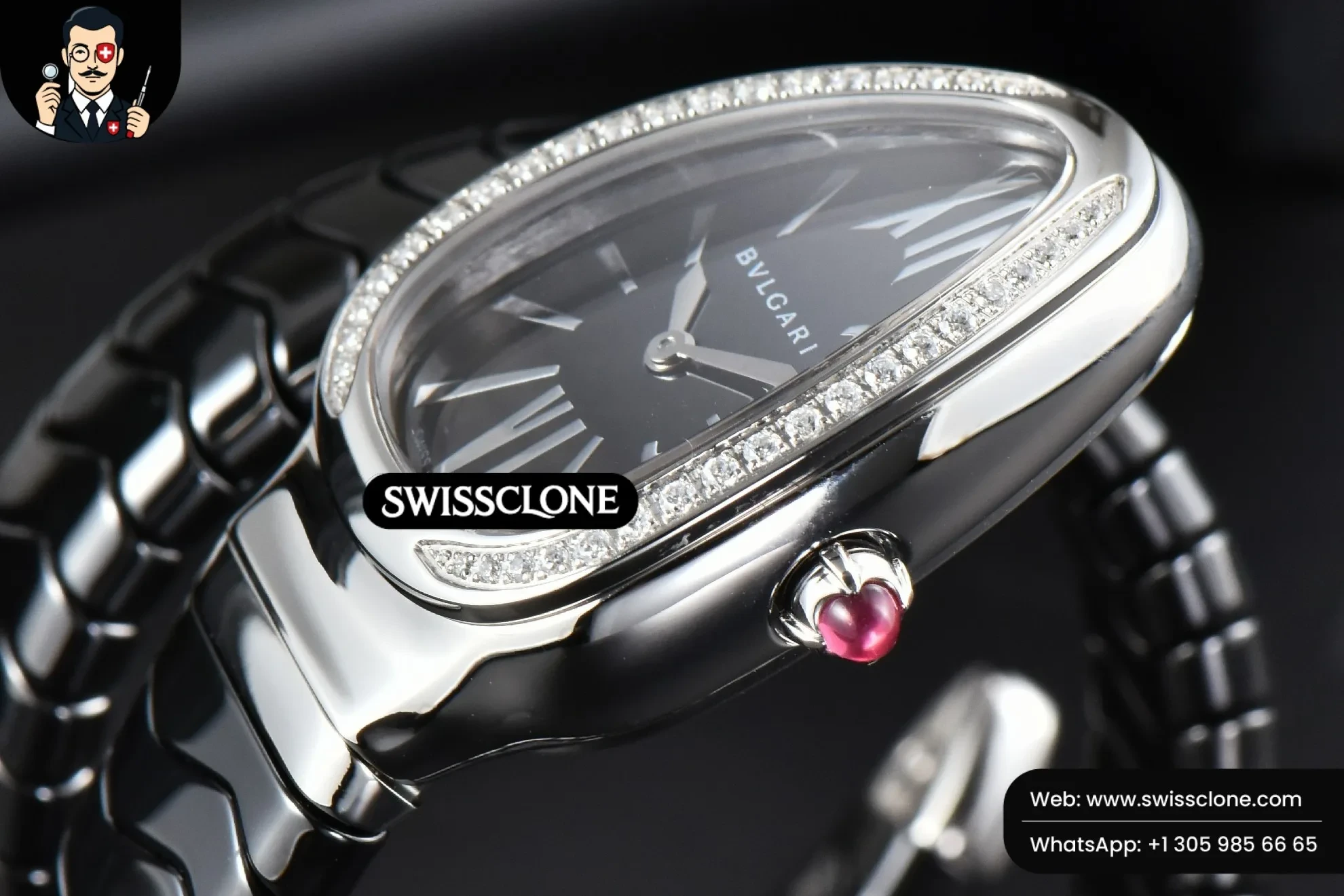 Rolex Bvlgari Serpenti Spiga 35mm Black Ceramic Black Dial Diamond Bezel Quartz 1:1 Super Clone - Lateral Case Thickness Profile