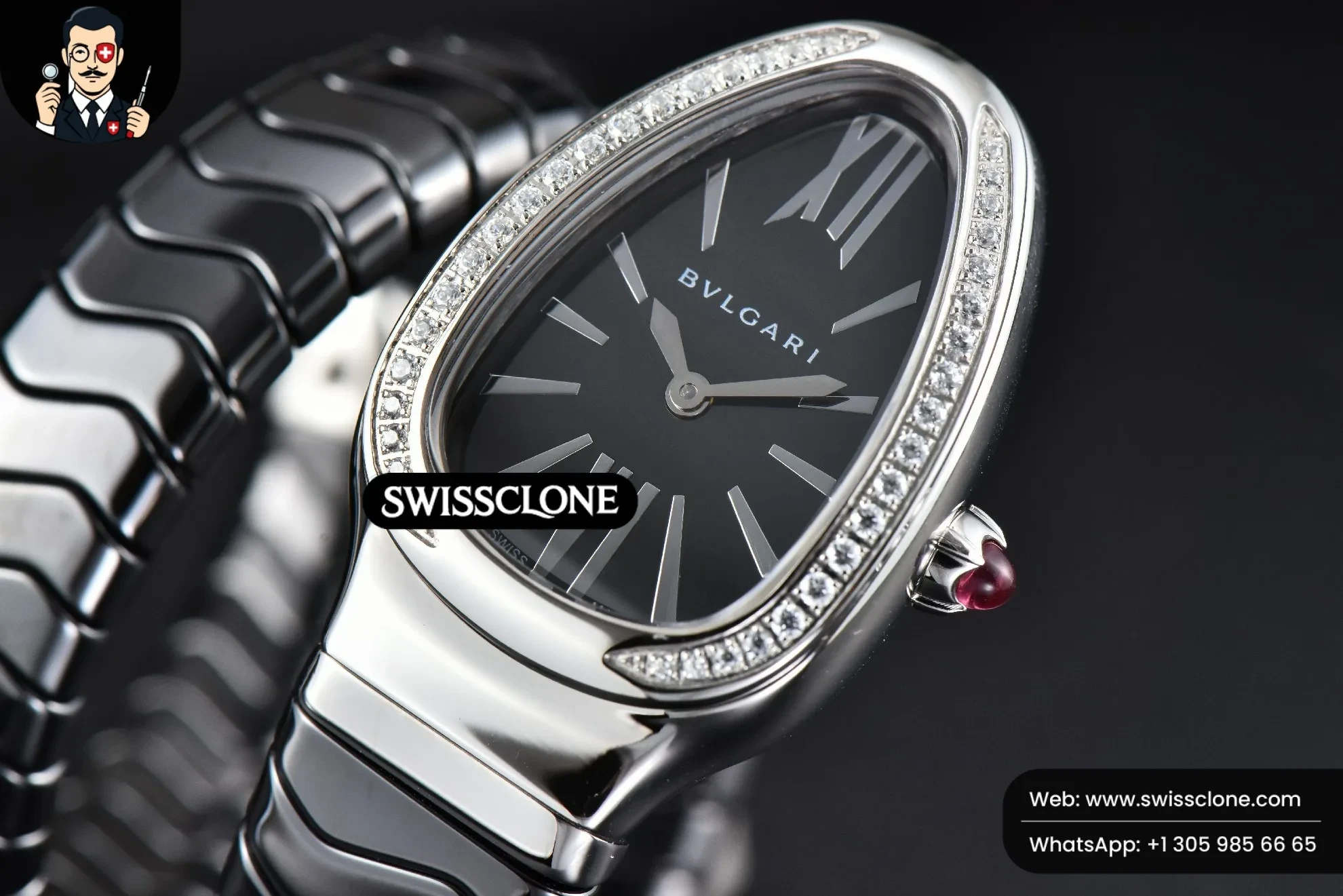 Rolex Bvlgari Serpenti Spiga 35mm Black Ceramic Black Dial Diamond Bezel Quartz 1:1 Super Clone - Bezel & Case Profile
