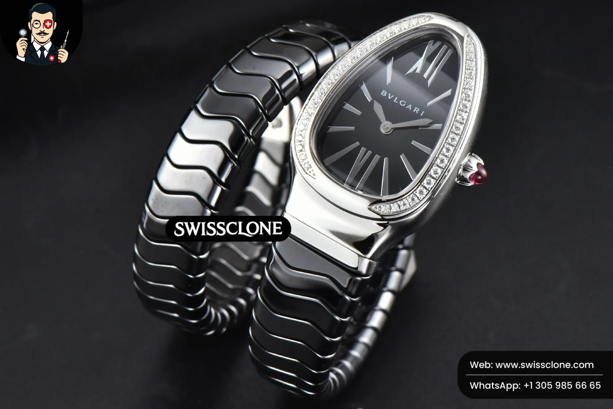 Rolex Bvlgari Serpenti Spiga 35mm Black Ceramic Black Dial Diamond Bezel Quartz 1:1 Super Clone - Dial Macro Close-Up