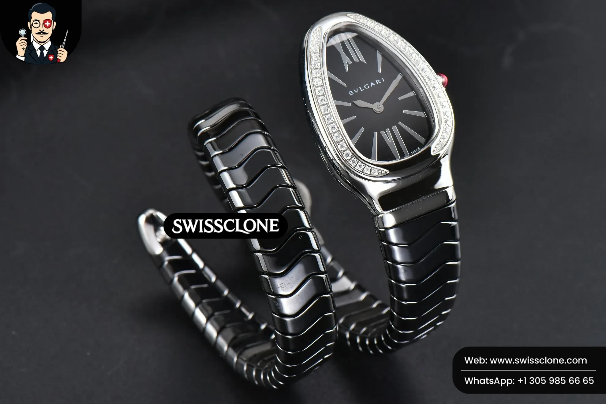 Rolex Bvlgari Serpenti Spiga 35mm Black Ceramic Black Dial Diamond Bezel Quartz 1:1 Super Clone - On-Wrist Presence View