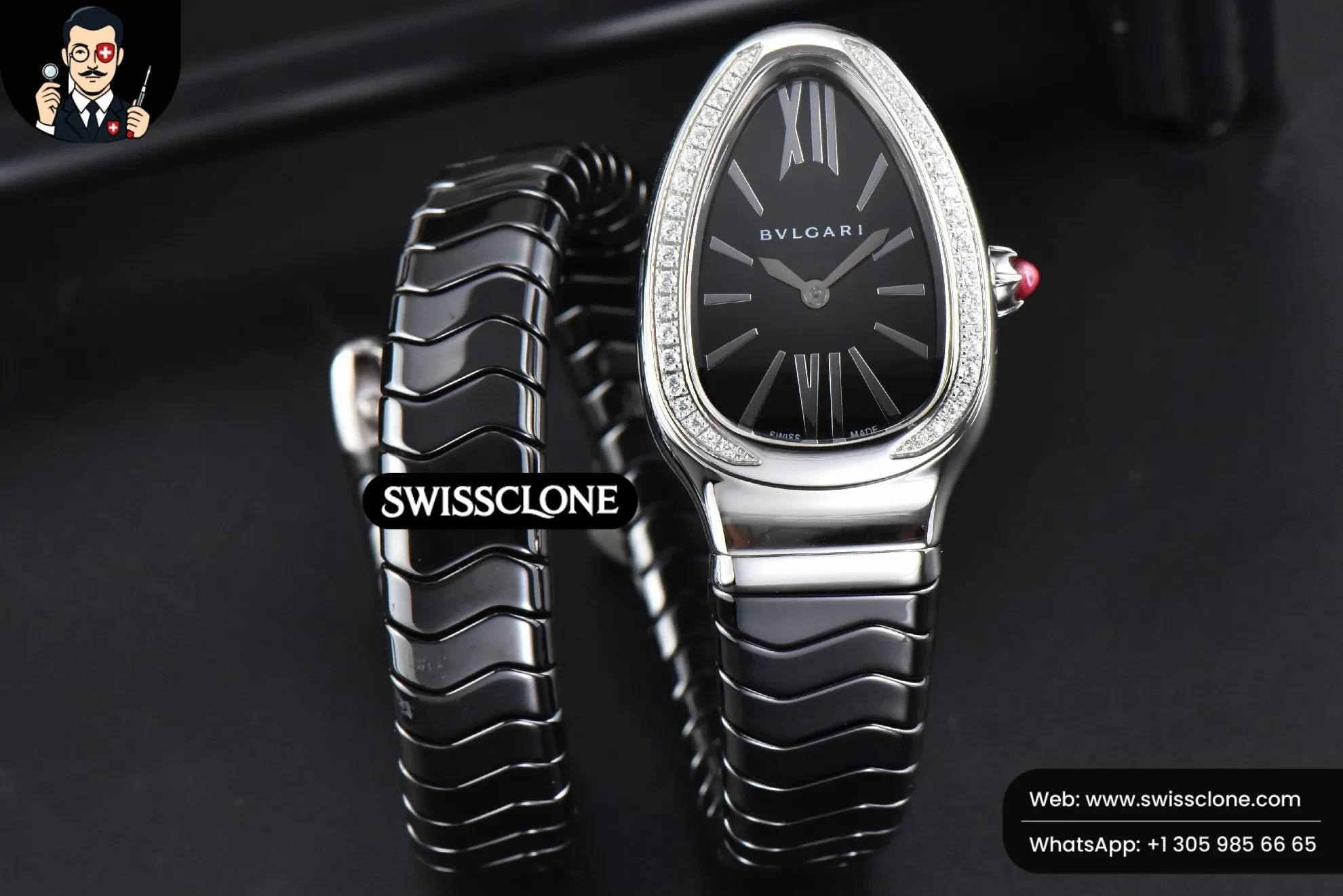 Bvlgari Serpenti Spiga 35mm Black Ceramic Black Dial Diamond Bezel Quartz
