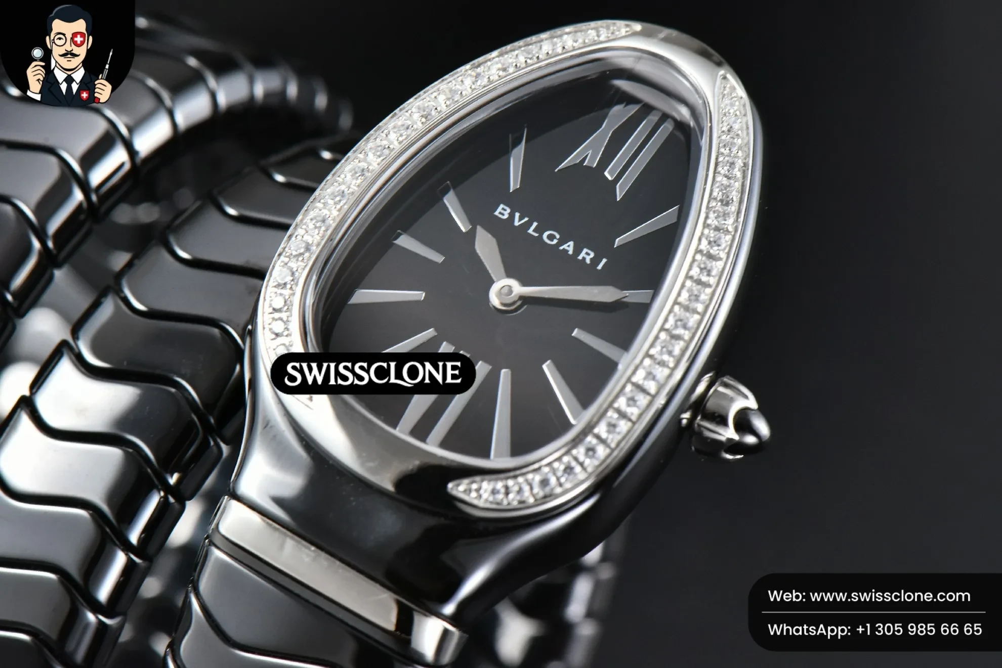 Rolex Bvlgari Serpenti Spiga 35mm Polycyclic Black Ceramic Black Dial Diamond Bezel Quartz 1:1 Super Clone - Bezel & Case Profile