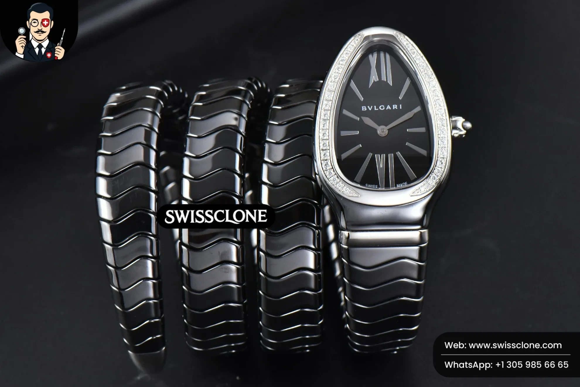 Bvlgari Serpenti Spiga 35mm Polycyclic Black Ceramic Black Dial Diamond Bezel Quartz