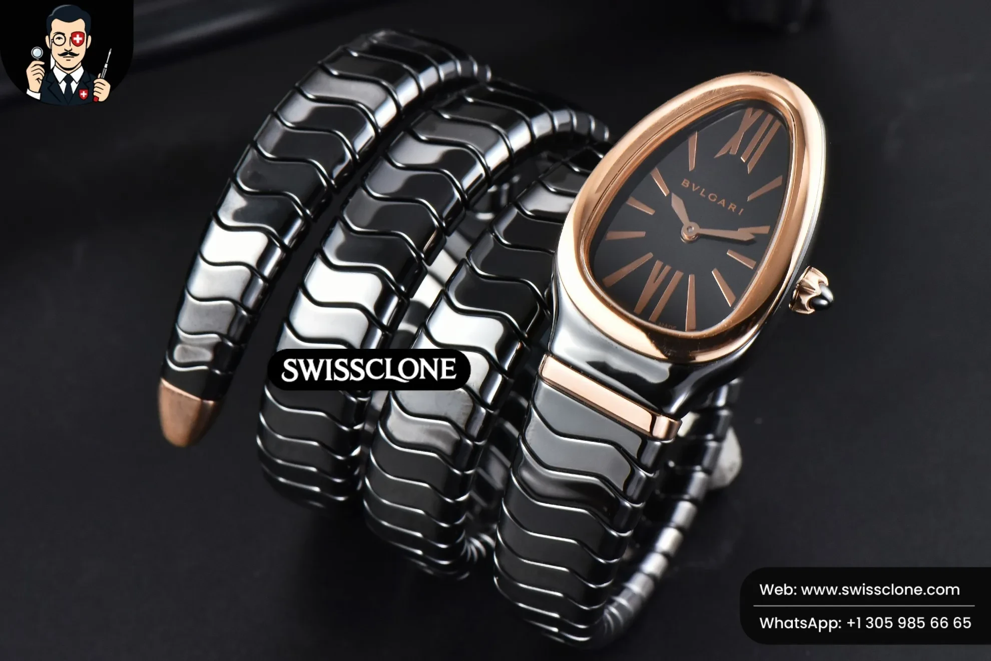 Bvlgari Serpenti Spiga 35mm Polycyclic Black Ceramic Black Dial Quartz (SW-23770) 1:1 Super Clone - Crown Guard & Case Thickness Profile