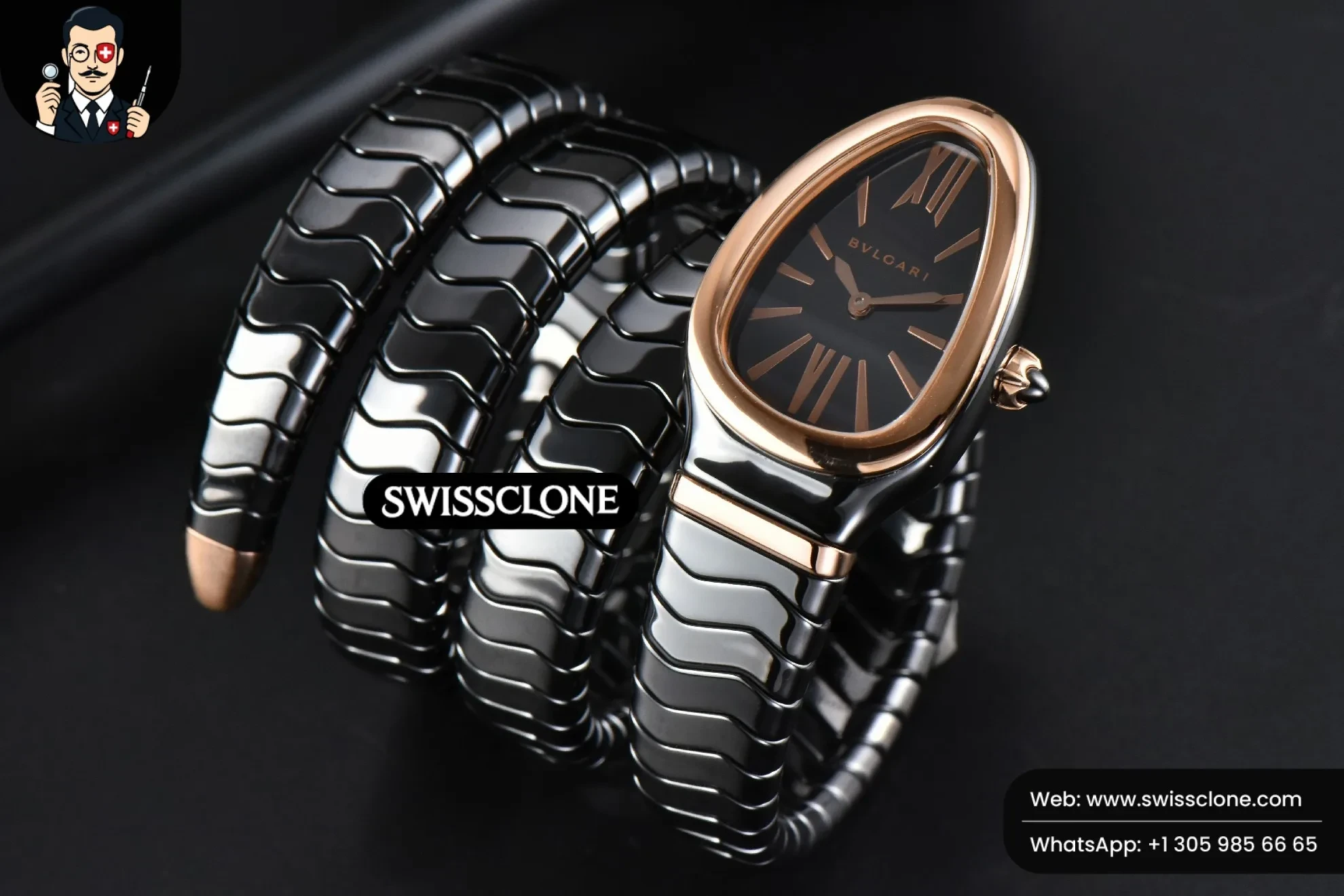 Bvlgari Serpenti Spiga 35mm Polycyclic Black Ceramic Black Dial Quartz (SW-23770) 1:1 Super Clone - Dial Macro & Hands Close-Up