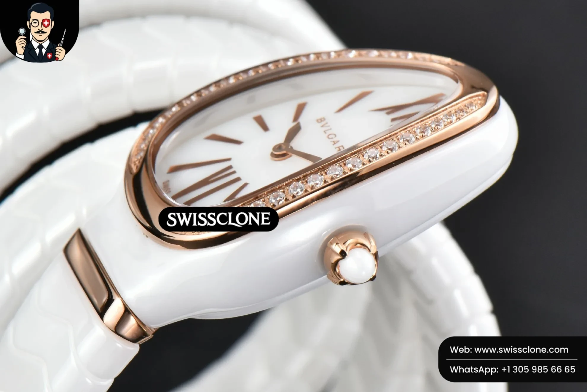 Bvlgari Serpenti Spiga 35mm Polycyclic White Ceramic White Dial Diamond Bezel Quartz (SW-23826) 1:1 Super Clone - Crown Guard & Case Thickness Profile