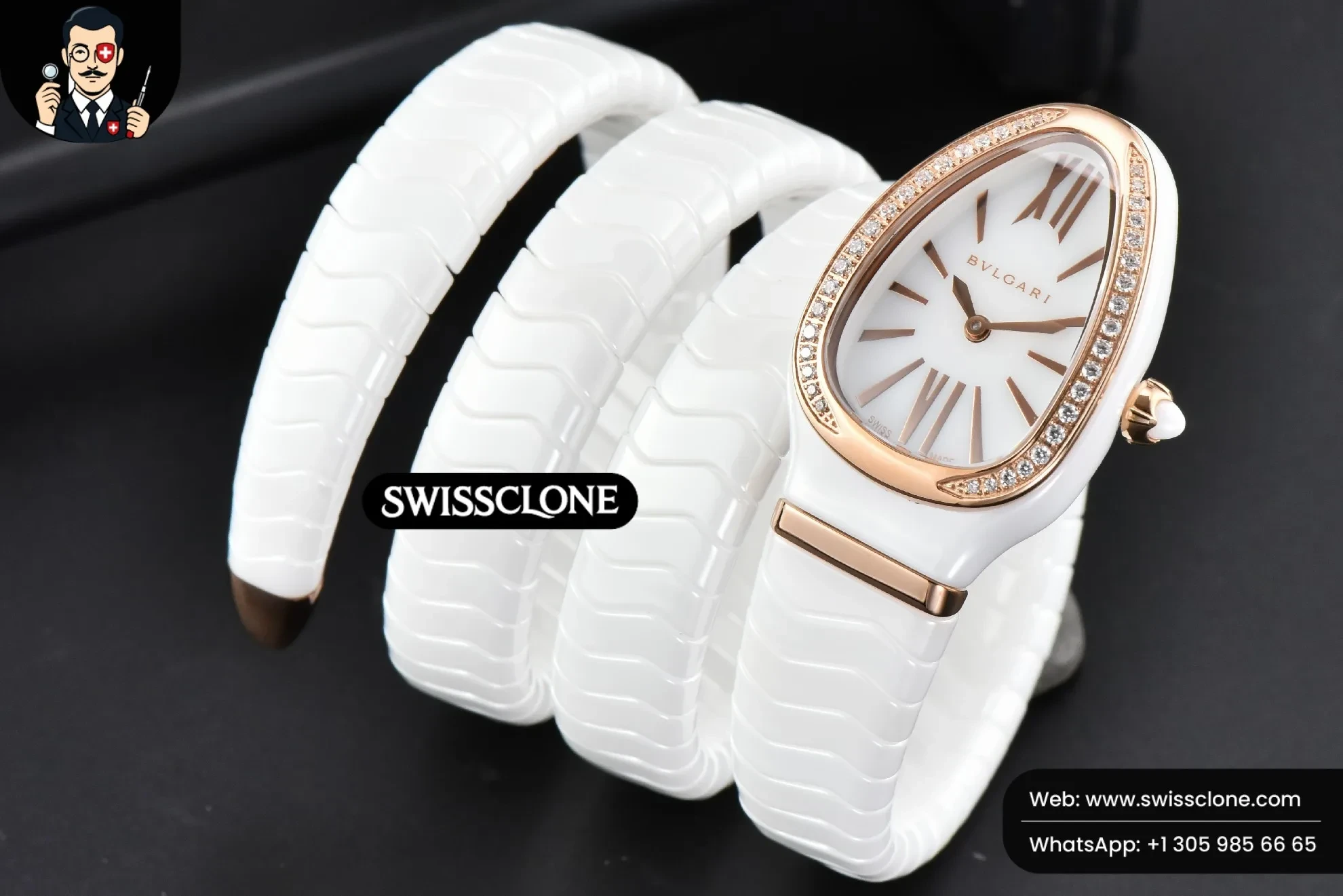 Bvlgari Serpenti Spiga 35mm Polycyclic White Ceramic White Dial Diamond Bezel Quartz (SW-23826) 1:1 Super Clone - Dial Macro & Hands Close-Up