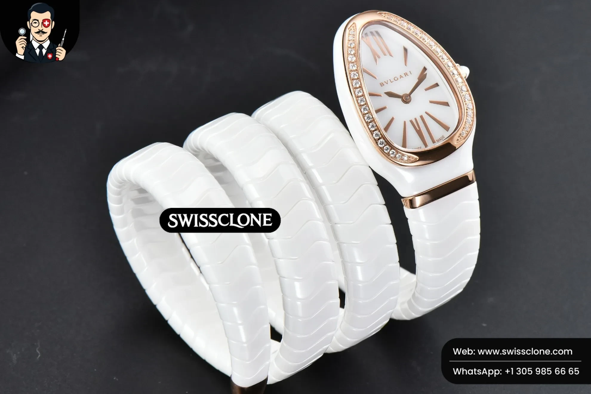 Bvlgari Serpenti Spiga 35mm Polycyclic White Ceramic White Dial Diamond Bezel Quartz (SW-23826) 1:1 Super Clone - On-Wrist Presence & Lug Geometry