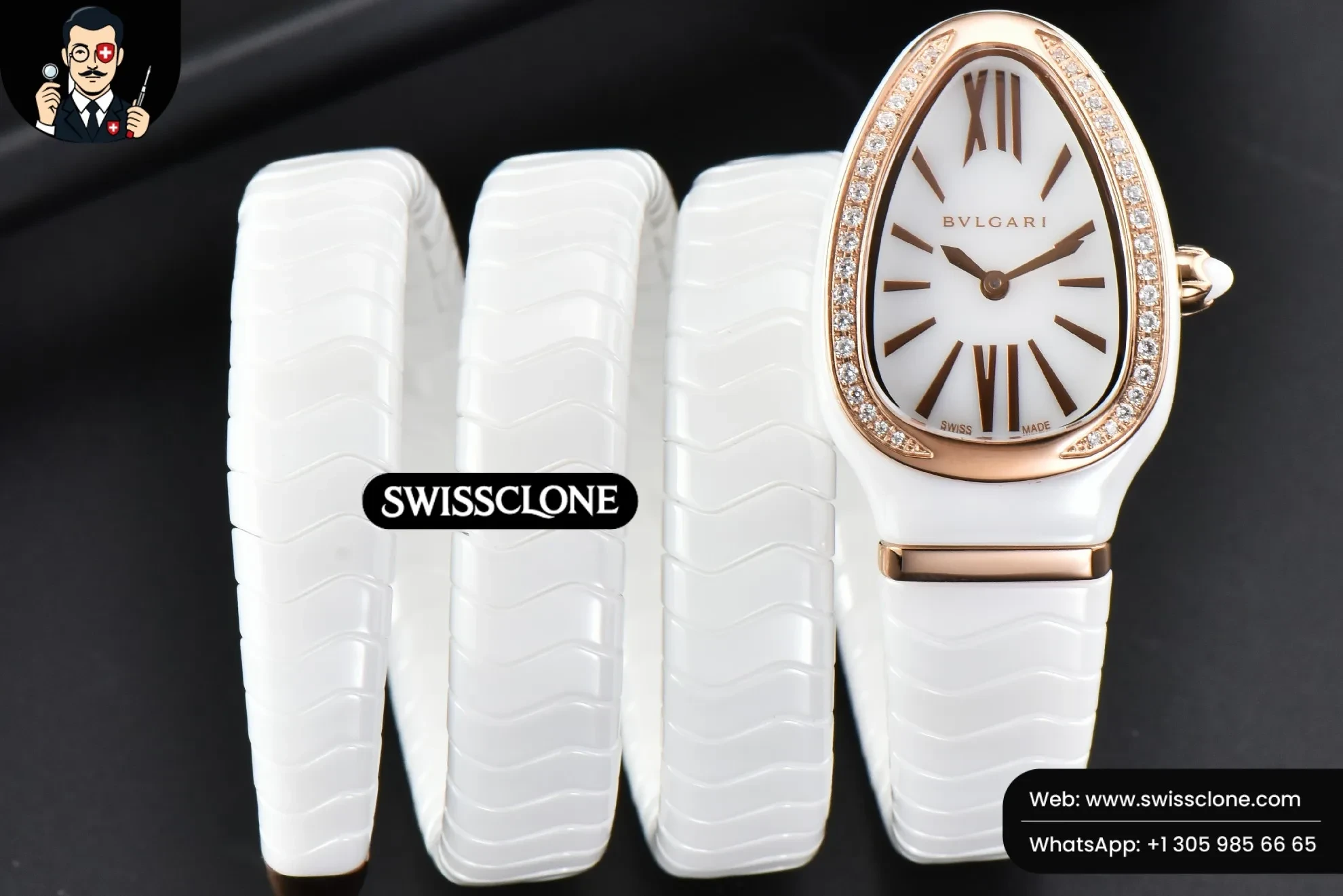 Bvlgari Serpenti Spiga 35mm Polycyclic White Ceramic White Dial Diamond Bezel Quartz