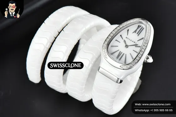 Rolex Bvlgari Serpenti Spiga 35mm Polycyclic White Ceramic White Dial Diamond Bezel Quartz 1:1 Super Clone - Dial Macro Close-Up