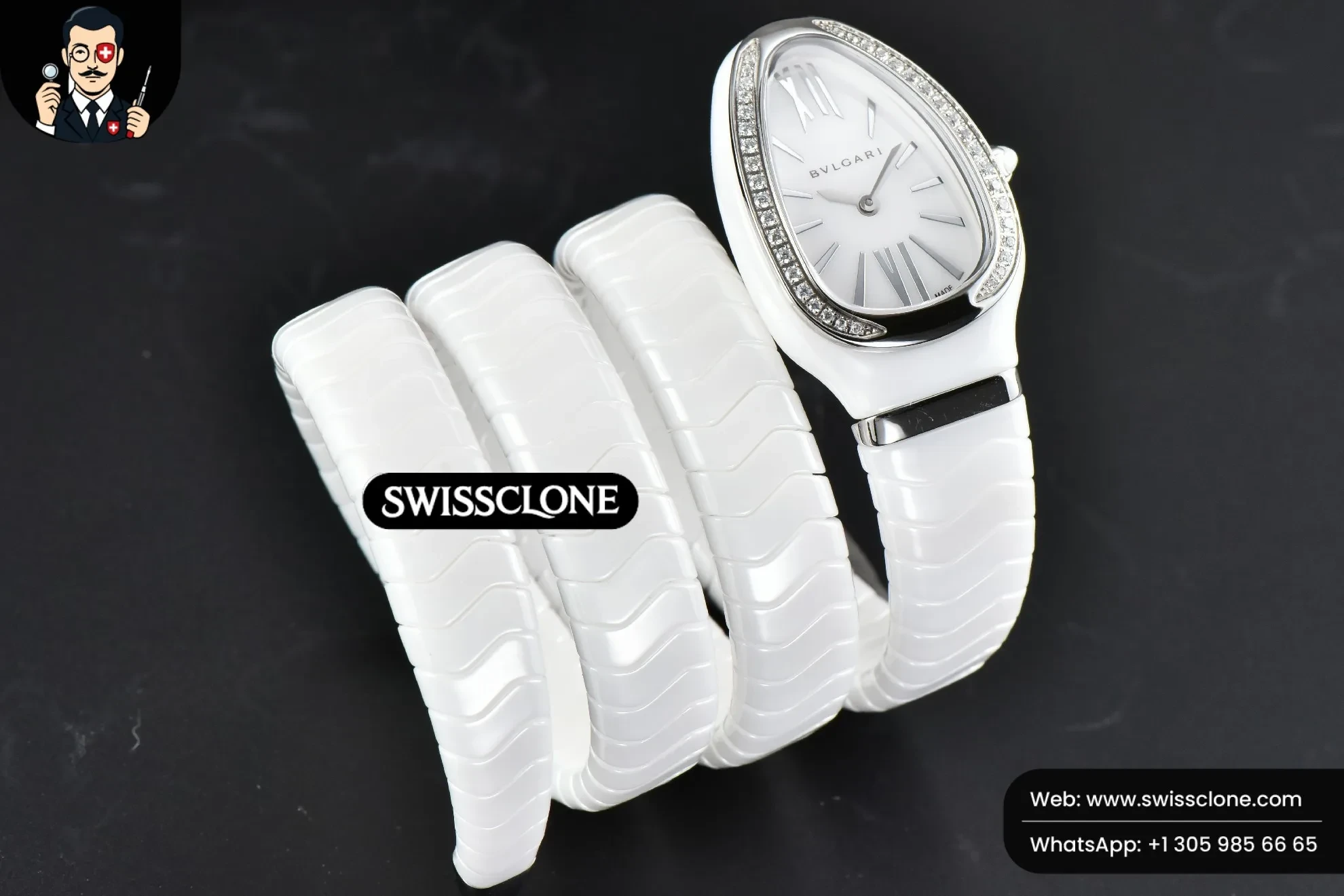 Rolex Bvlgari Serpenti Spiga 35mm Polycyclic White Ceramic White Dial Diamond Bezel Quartz 1:1 Super Clone - On-Wrist Presence View