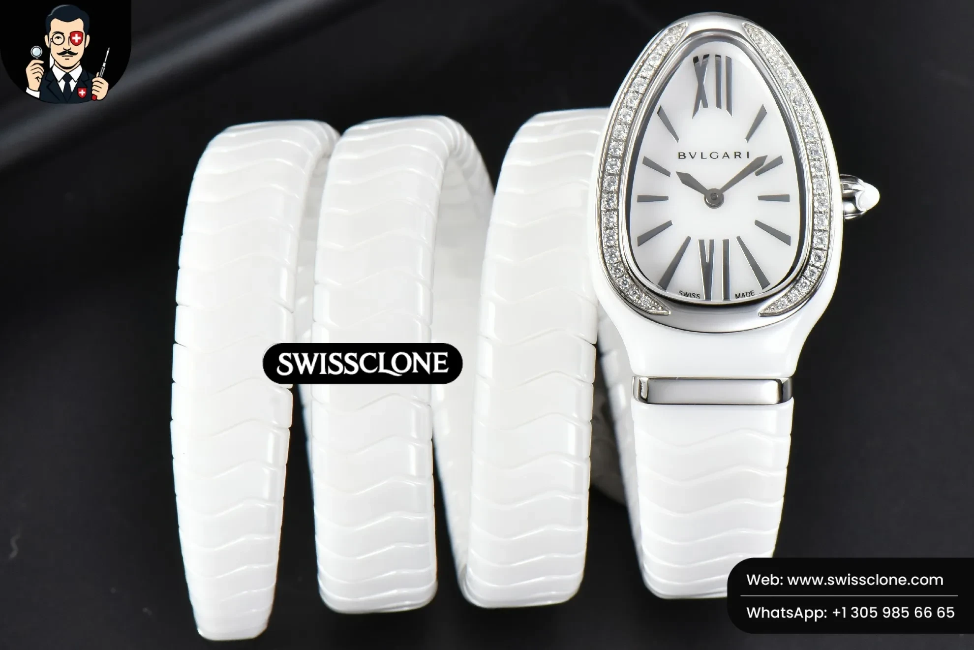 Bvlgari Serpenti Spiga 35mm Polycyclic White Ceramic White Dial Diamond Bezel Quartz