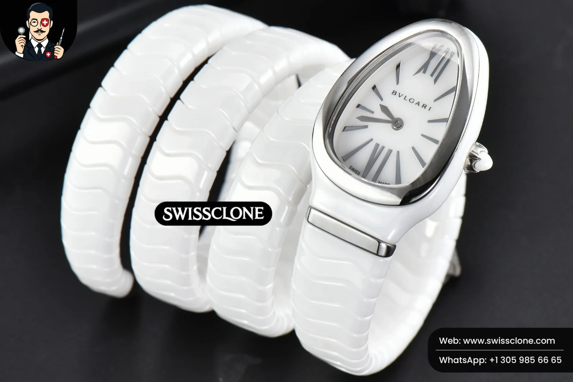Rolex Bvlgari Serpenti Spiga 35mm Polycyclic White Ceramic White Dial Quartz 1:1 Super Clone - Dial Macro Close-Up