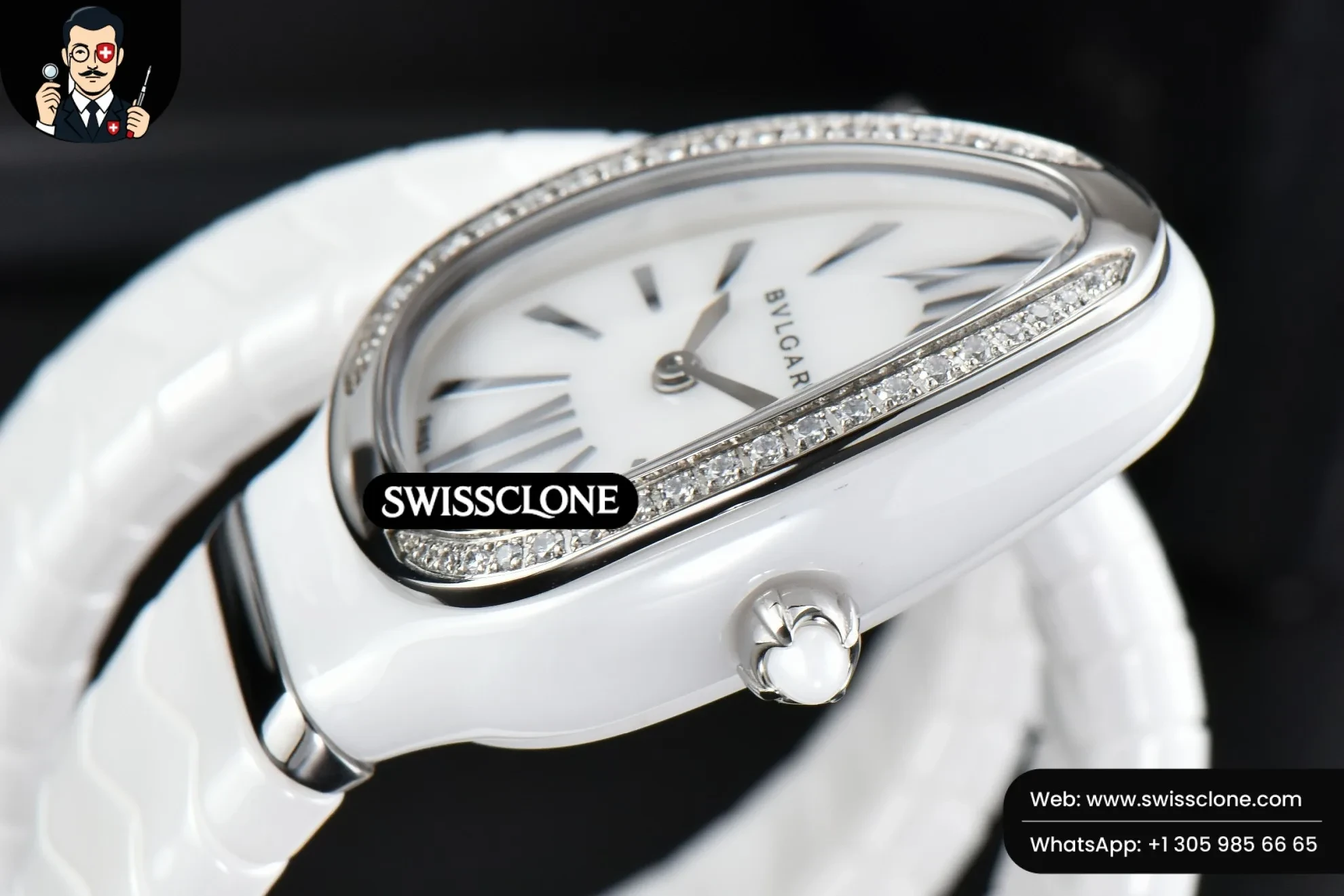Bvlgari Serpenti Spiga 35mm White Ceramic White Dial Diamond Bezel Quartz (SW-23850) 1:1 Super Clone - Crown Guard & Case Thickness Profile