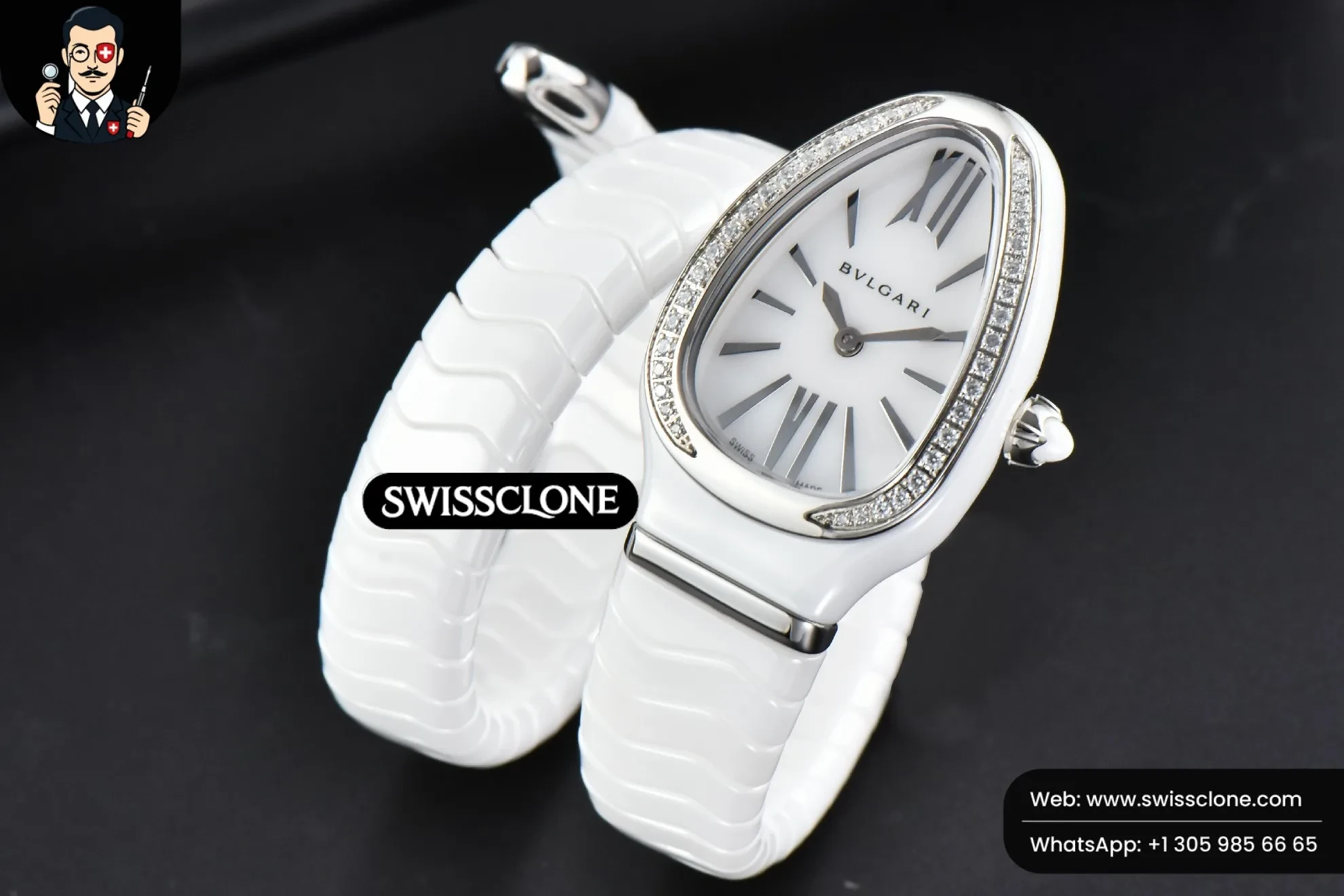 Bvlgari Serpenti Spiga 35mm White Ceramic White Dial Diamond Bezel Quartz (SW-23850) 1:1 Super Clone - Dial Macro & Hands Close-Up