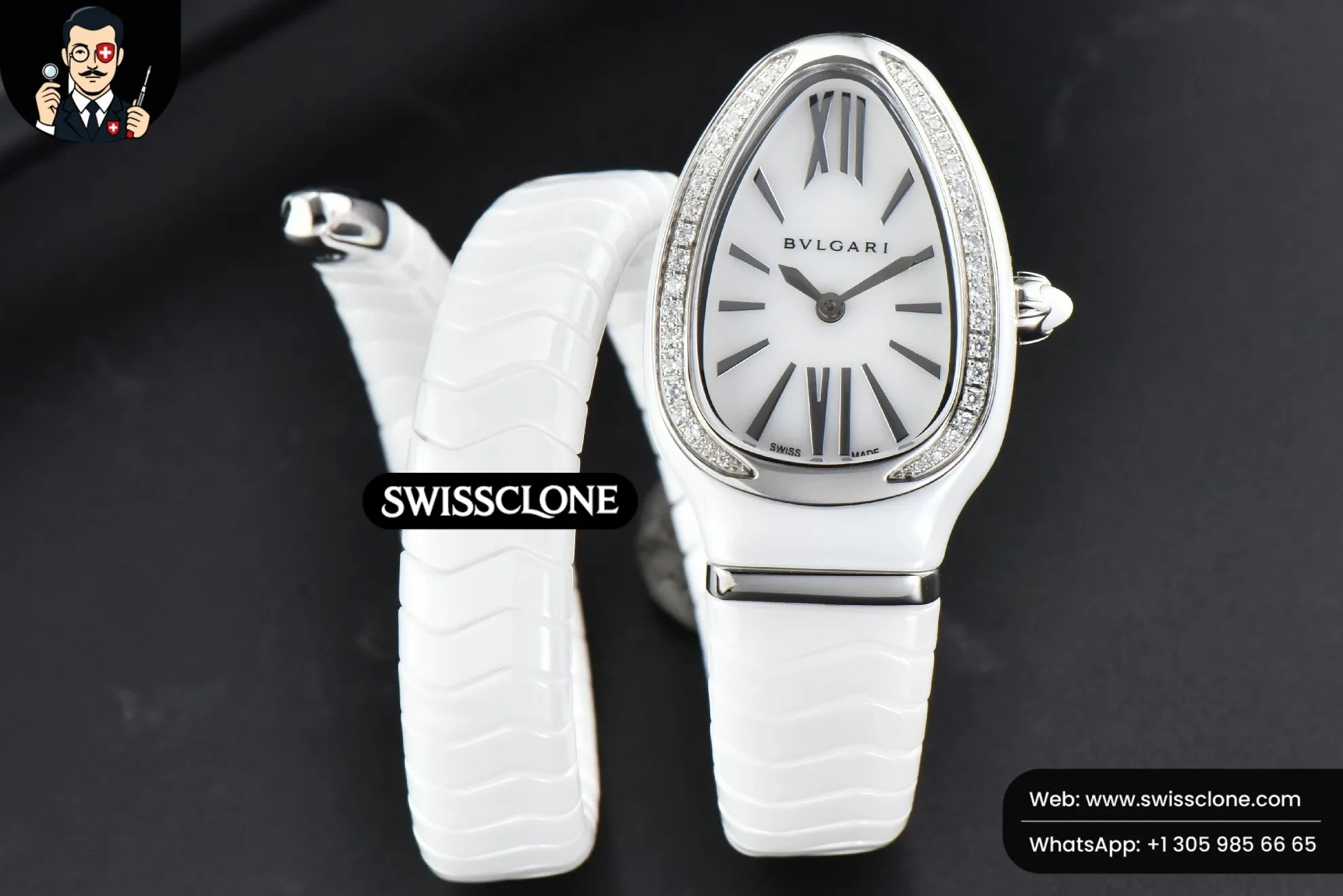 Bvlgari Serpenti Spiga 35mm White Ceramic White Dial Diamond Bezel Quartz