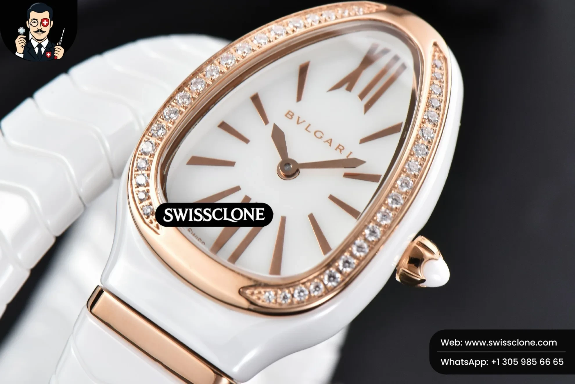 Rolex Bvlgari Serpenti Spiga 35mm White Ceramic White Dial Diamond Bezel Quartz 1:1 Super Clone - Bezel & Case Profile
