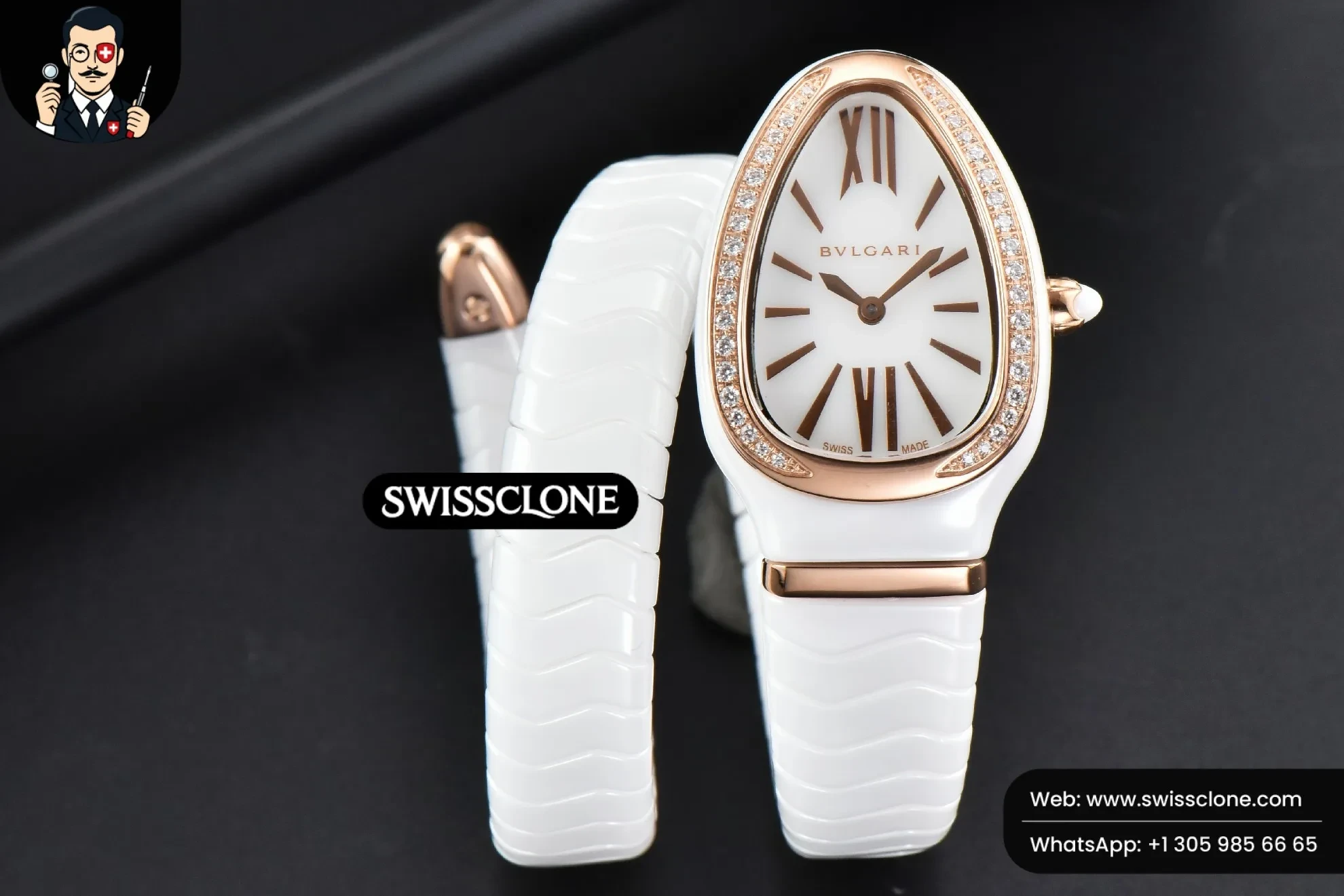 Bvlgari Serpenti Spiga 35mm White Ceramic White Dial Diamond Bezel Quartz