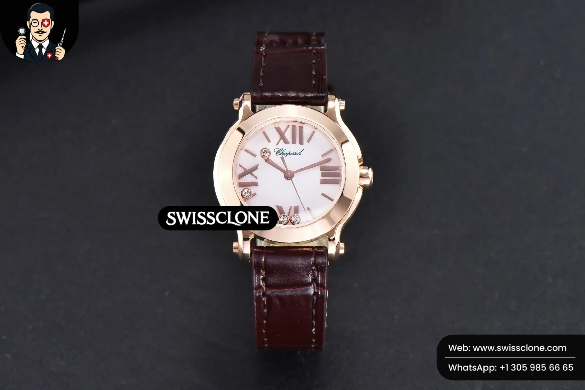 Rolex Chopard Happy Sport 30mm White Dial Black Leather Starp Quartz 1:1 Super Clone - Dial Macro Close-Up