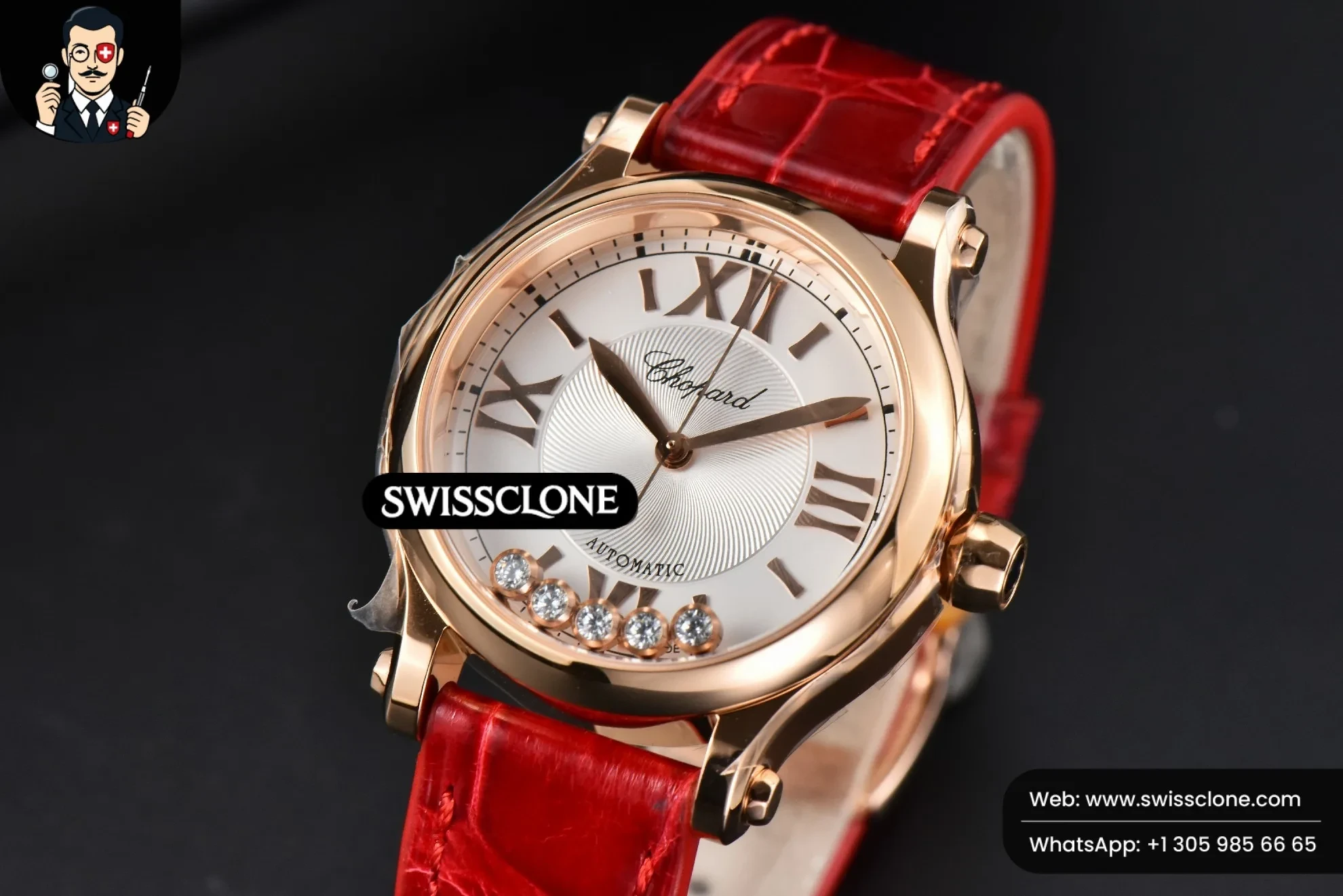 Rolex Chopard Happy Sport Automatic 33mm HWF White Dial Red Leather Starp 1:1 Super Clone - Bezel & Case Profile