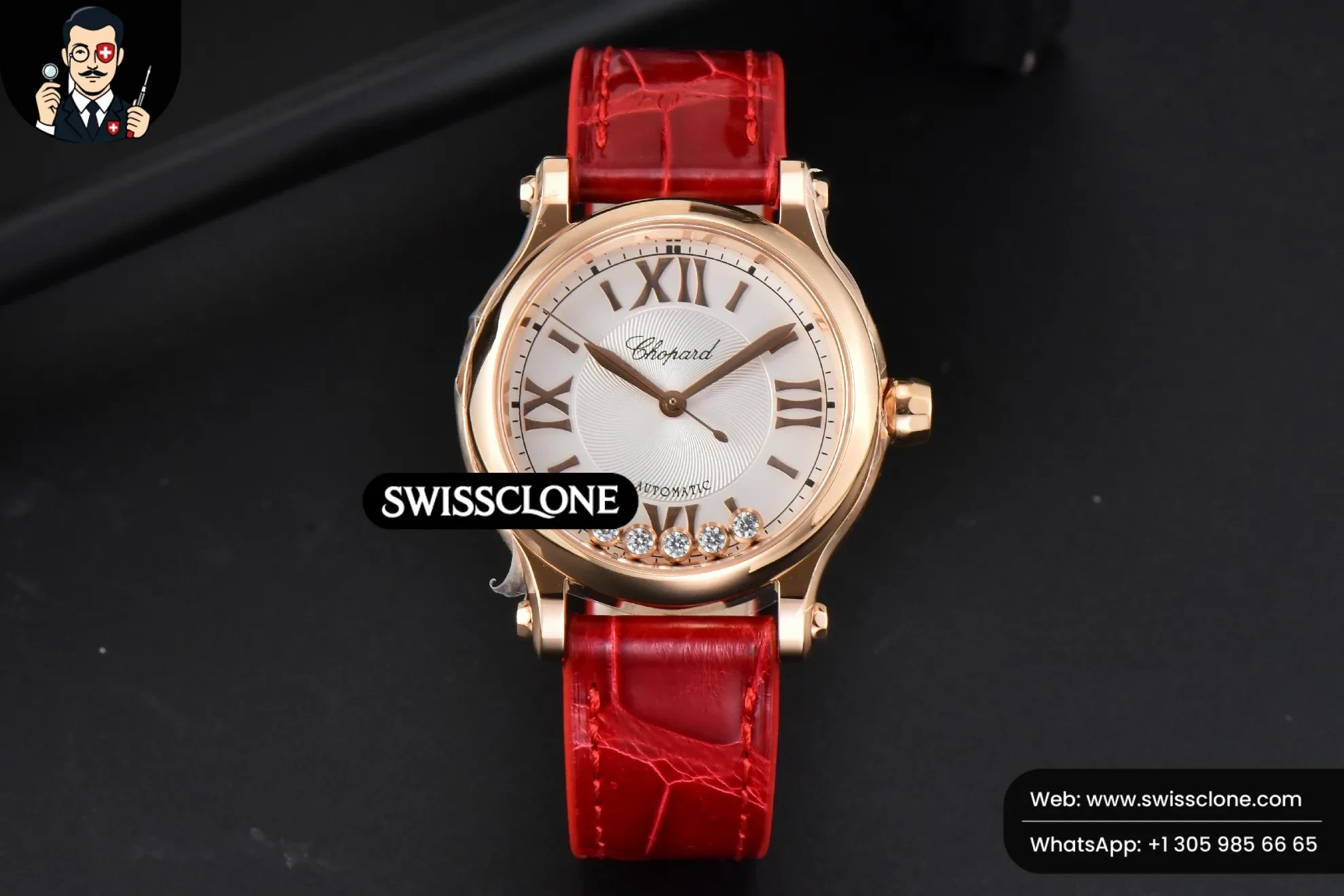 Rolex Chopard Happy Sport Automatic 33mm HWF White Dial Red Leather Starp 1:1 Super Clone - Dial Macro Close-Up