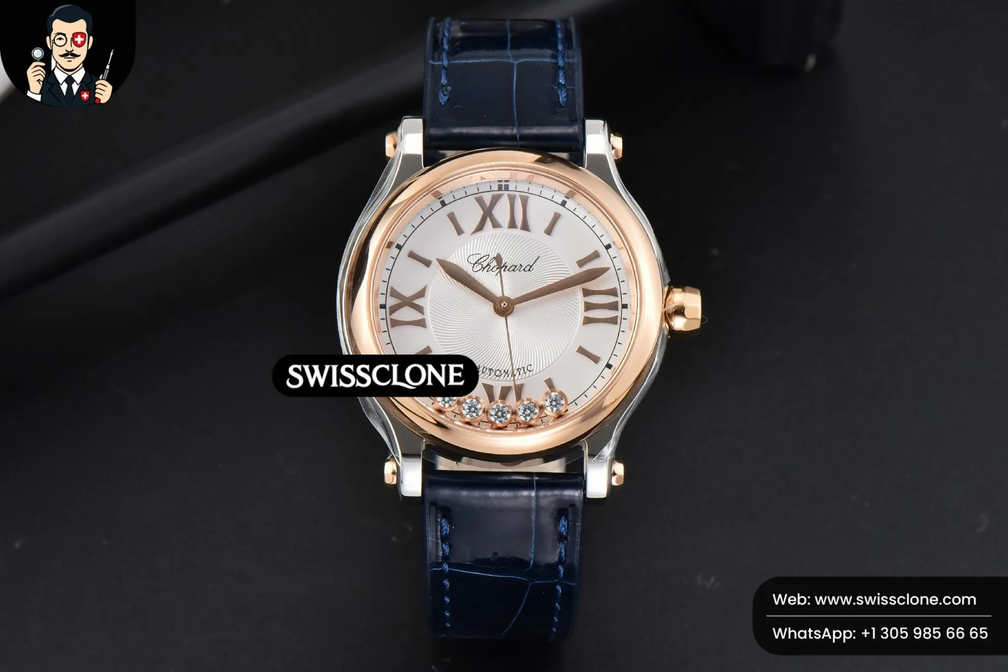 Rolex Chopard Happy Sport Automatic RG/SS 33mm HWF White Dial Blue Leather Starp 1:1 Super Clone - Dial Macro Close-Up