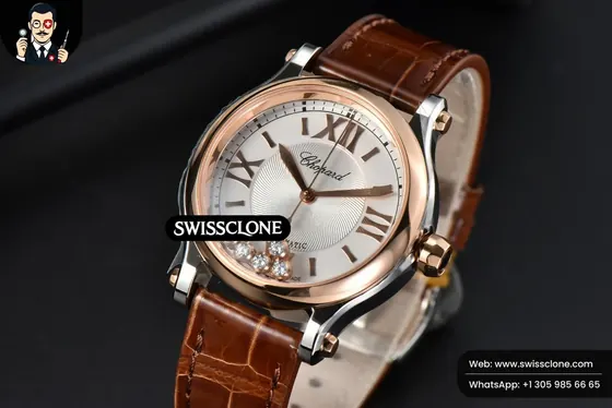 Rolex Chopard Happy Sport Automatic RG/SS 33mm HWF White Dial Brown Leather Starp 1:1 Super Clone - Bezel & Case Profile