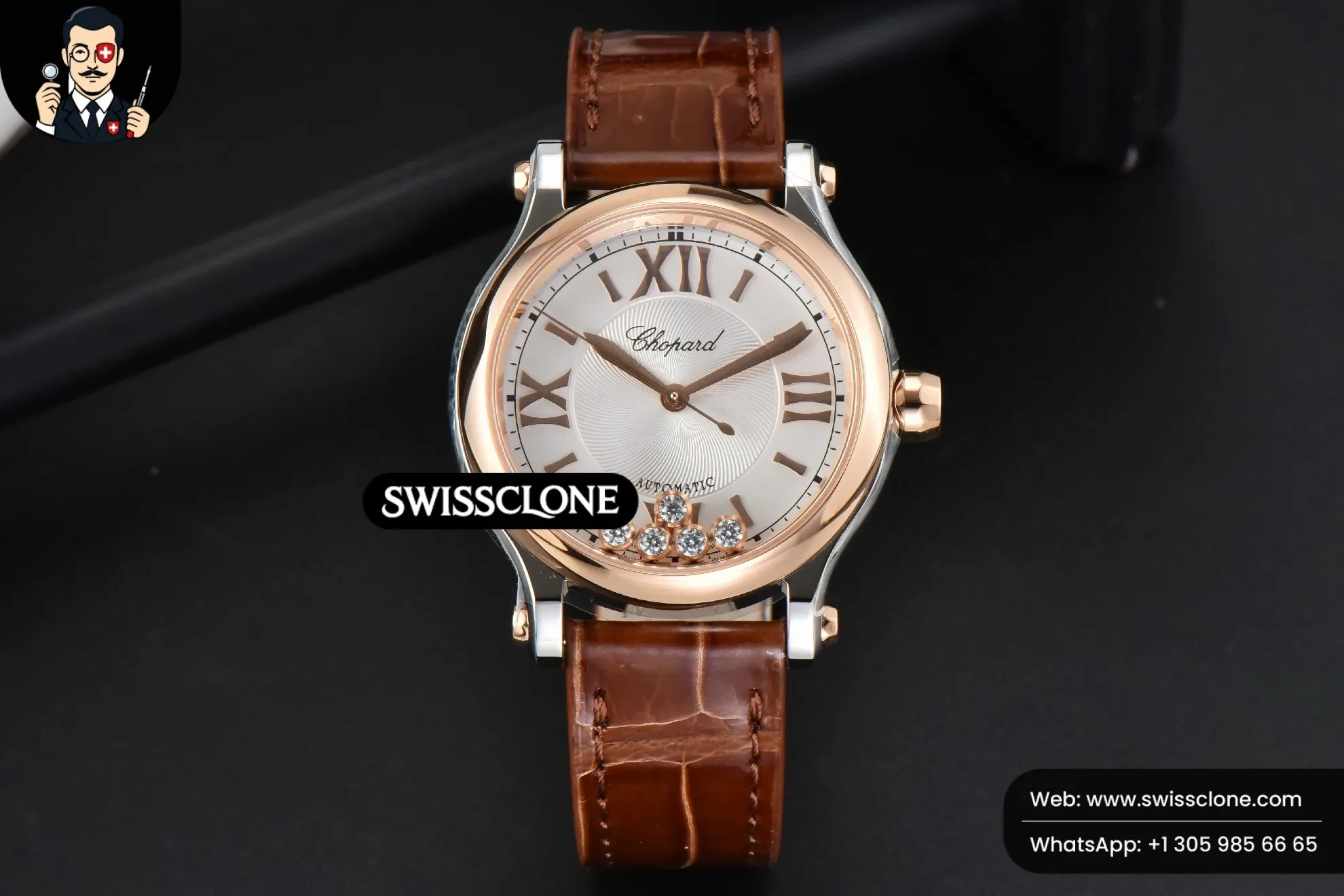 Rolex Chopard Happy Sport Automatic RG/SS 33mm HWF White Dial Brown Leather Starp 1:1 Super Clone - Dial Macro Close-Up