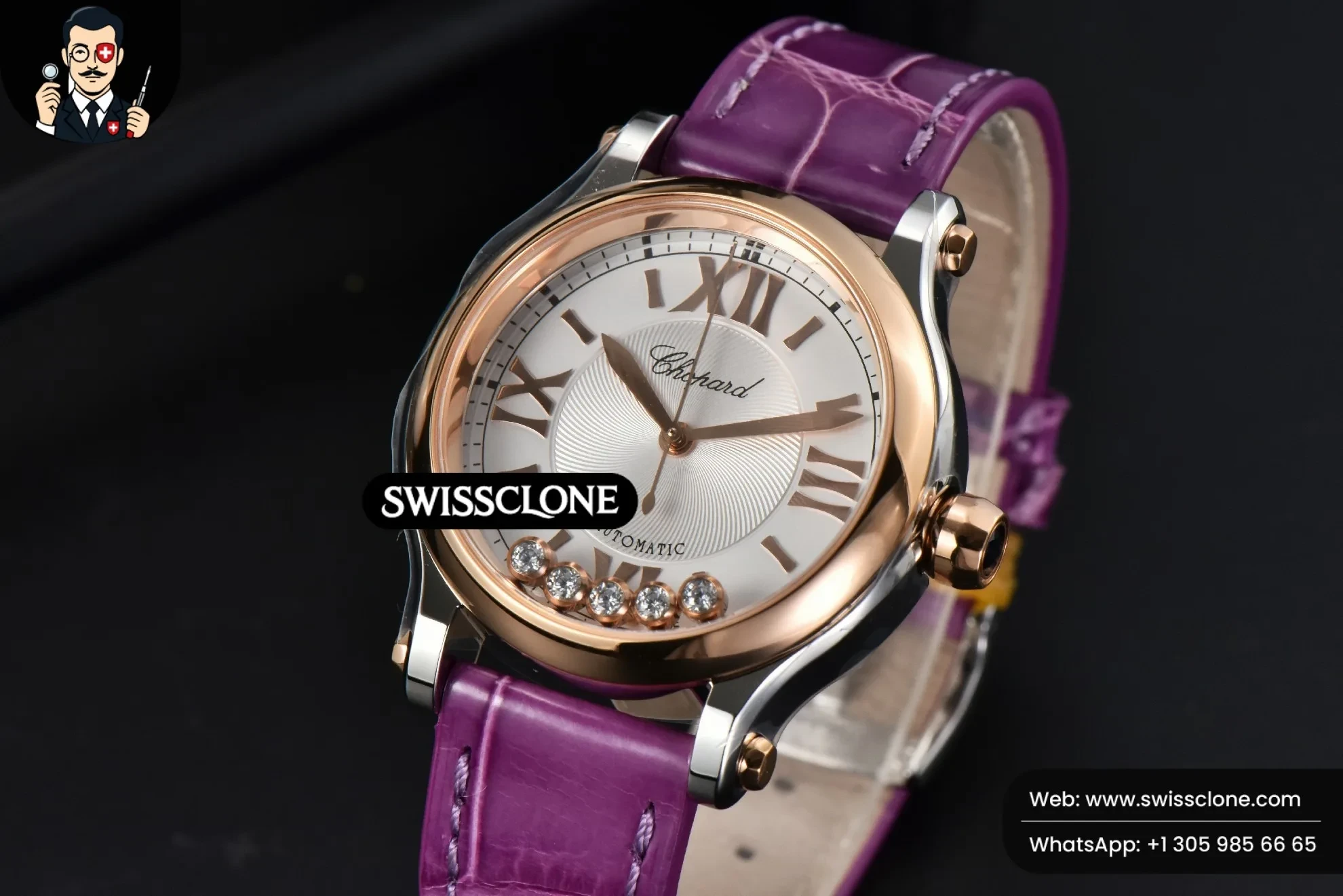 Rolex Chopard Happy Sport Automatic RG/SS 33mm HWF White Dial Grape Leather Starp 1:1 Super Clone - Bezel & Case Profile