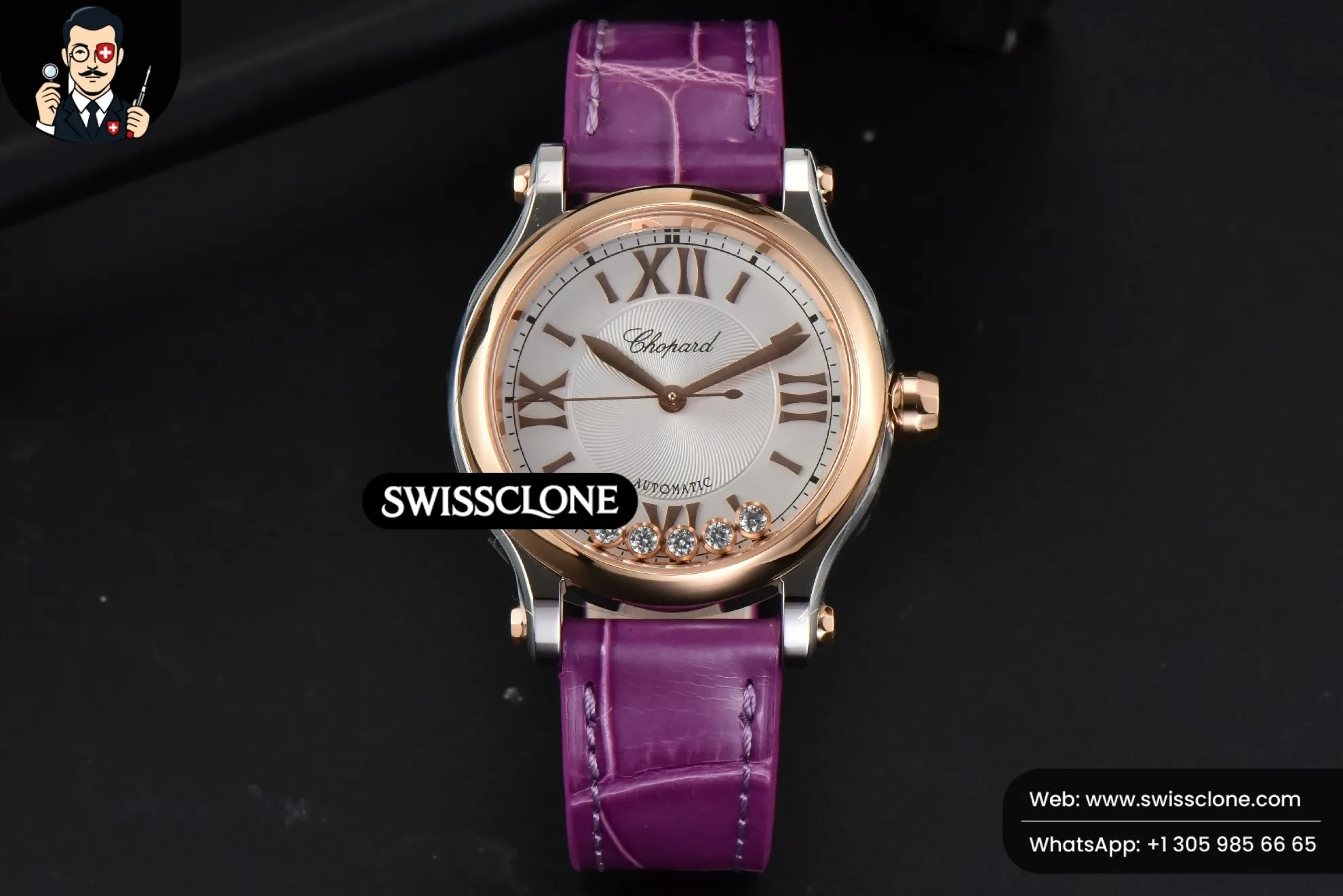 Rolex Chopard Happy Sport Automatic RG/SS 33mm HWF White Dial Grape Leather Starp 1:1 Super Clone - Dial Macro Close-Up