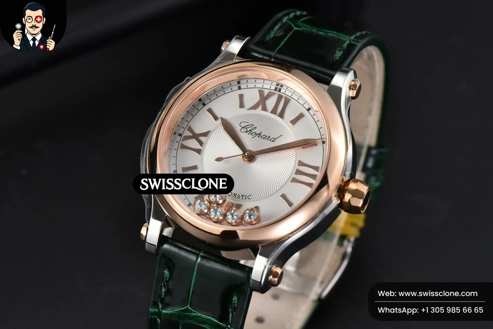 Rolex Chopard Happy Sport Automatic RG/SS 33mm HWF White Dial Green Leather Starp 1:1 Super Clone - Dial Macro Close-Up