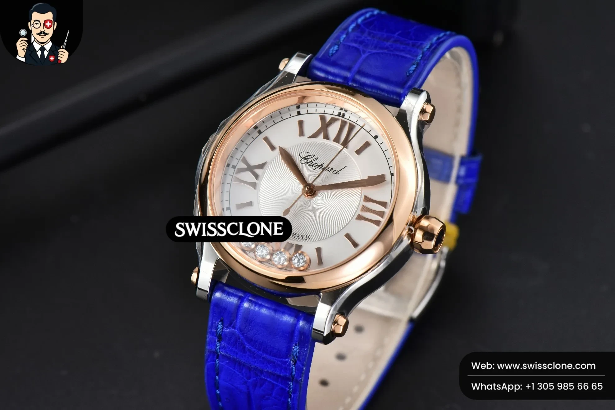 Rolex Chopard Happy Sport Automatic RG/SS 33mm HWF White Dial Light Blue Leather Starp 1:1 Super Clone - Bezel & Case Profile