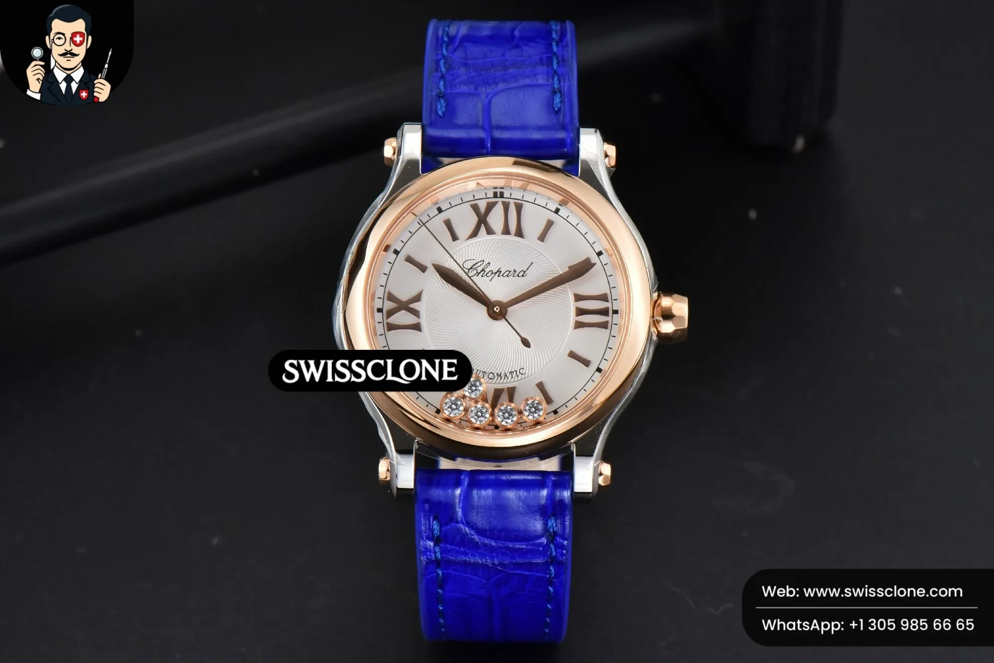 Rolex Chopard Happy Sport Automatic RG/SS 33mm HWF White Dial Light Blue Leather Starp 1:1 Super Clone - Dial Macro Close-Up