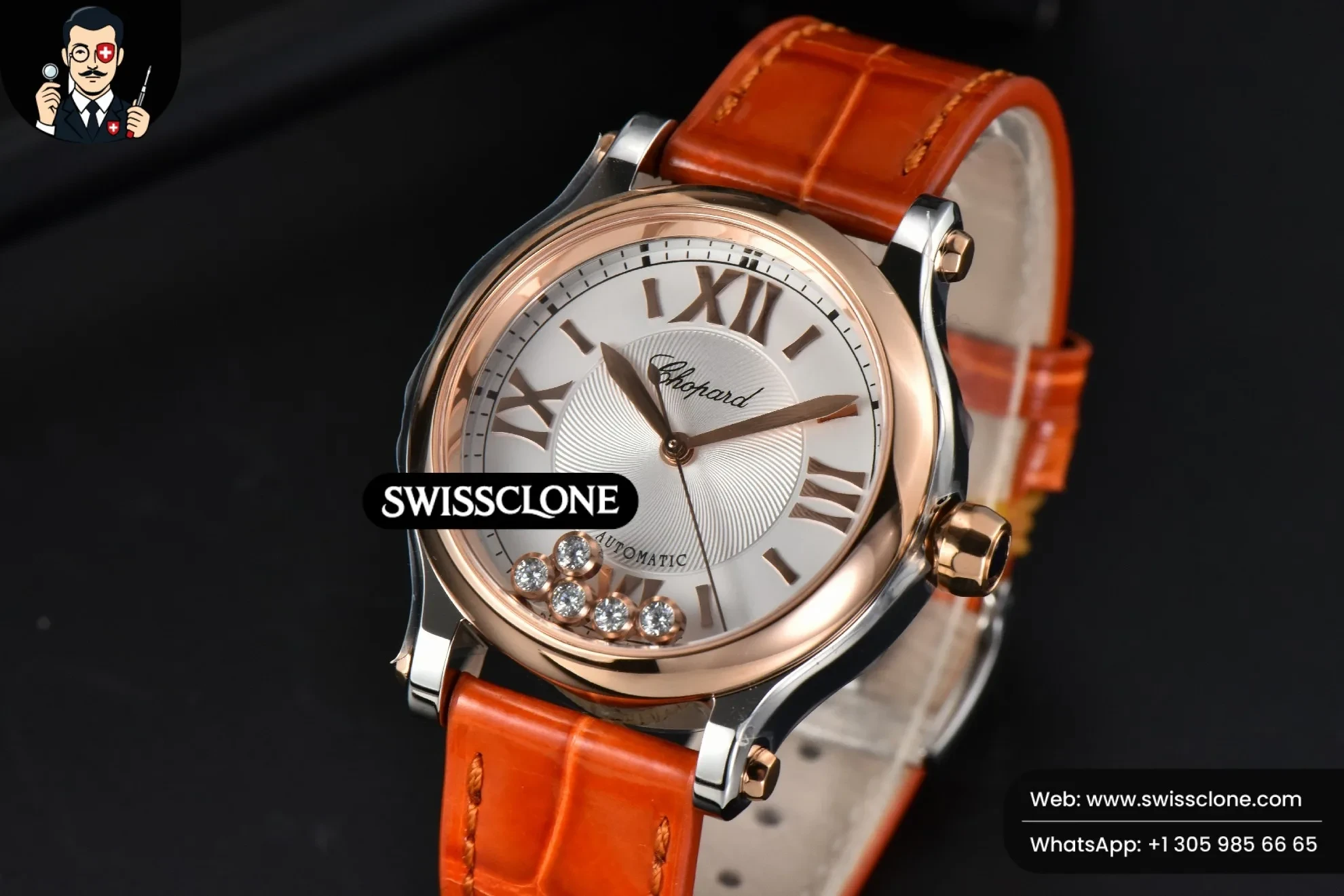 Rolex Chopard Happy Sport Automatic RG/SS 33mm HWF White Dial Orange Leather Starp 1:1 Super Clone - Bezel & Case Profile
