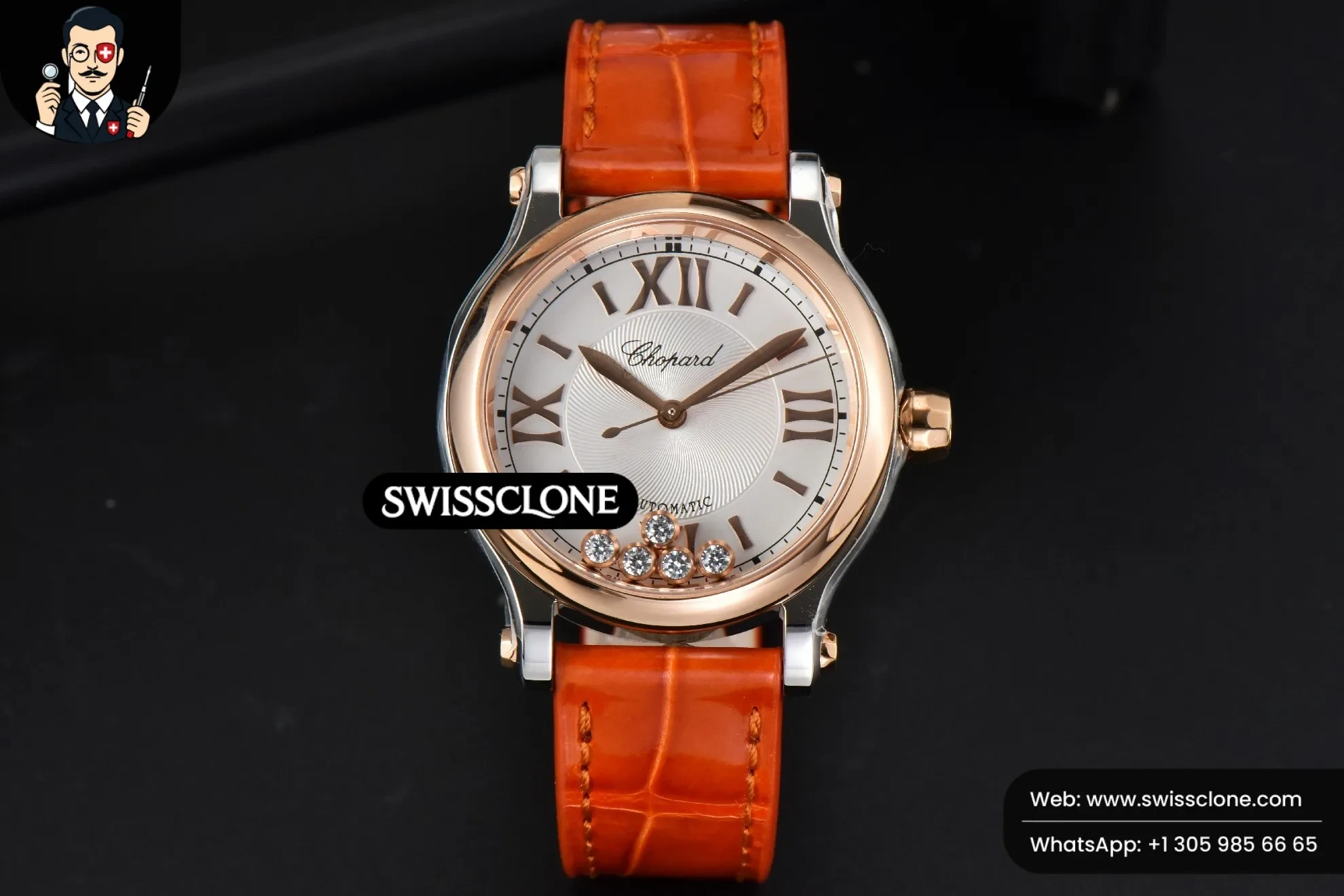 Rolex Chopard Happy Sport Automatic RG/SS 33mm HWF White Dial Orange Leather Starp 1:1 Super Clone - Dial Macro Close-Up