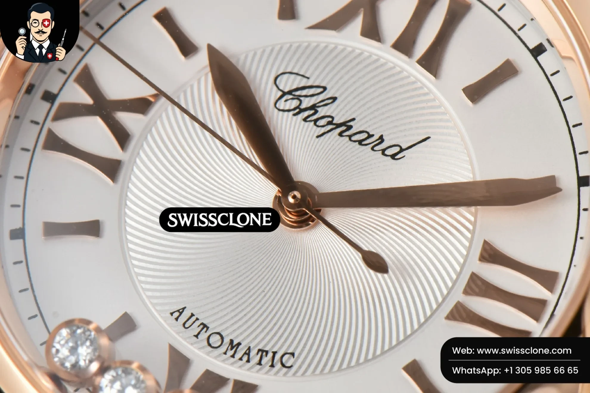Rolex Chopard Happy Sport Automatic RG/SS 33mm HWF White Dial Rose Red Leather Starp 1:1 Super Clone - Lateral Case Thickness Profile