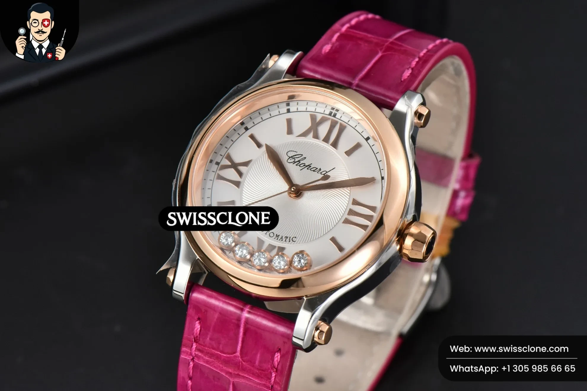 Rolex Chopard Happy Sport Automatic RG/SS 33mm HWF White Dial Rose Red Leather Starp 1:1 Super Clone - Bezel & Case Profile