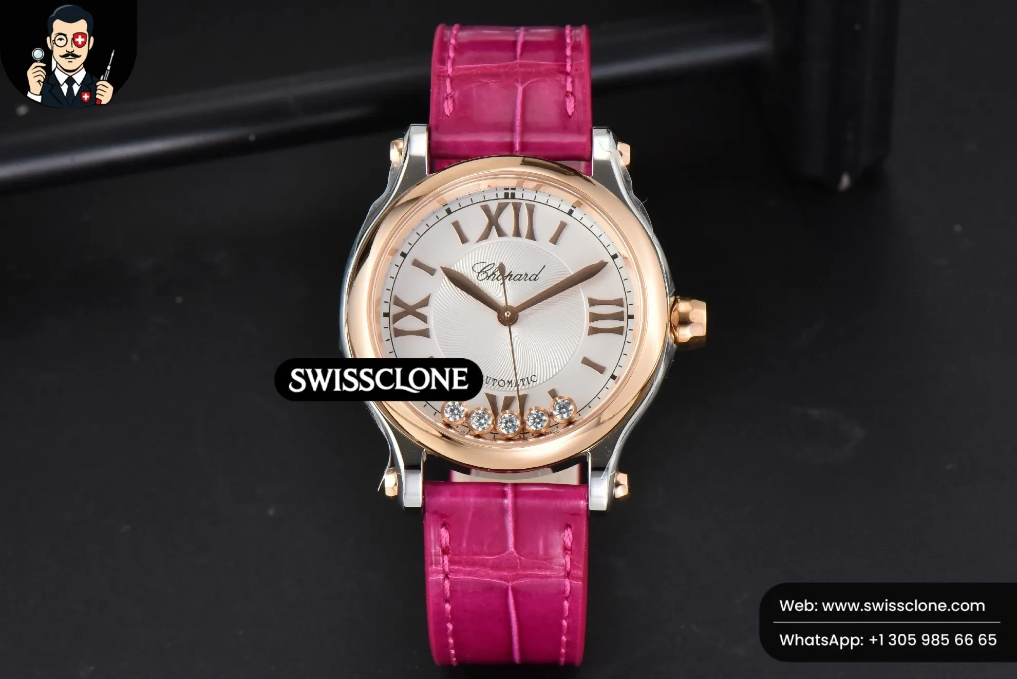 Rolex Chopard Happy Sport Automatic RG/SS 33mm HWF White Dial Rose Red Leather Starp 1:1 Super Clone - Dial Macro Close-Up