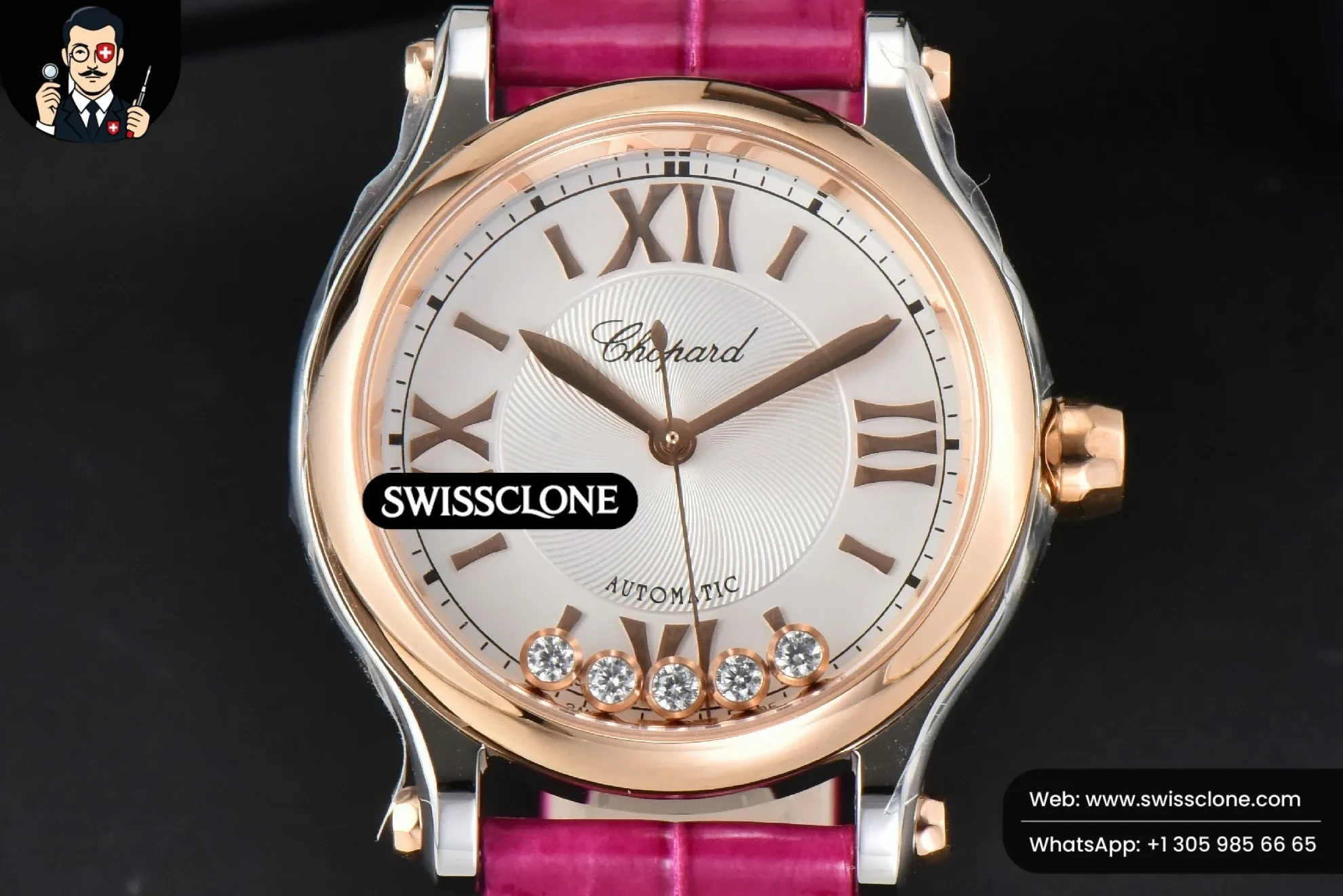 Chopard Happy Sport Automatic RG/SS 33mm HWF White Dial Rose Red Leather Starp