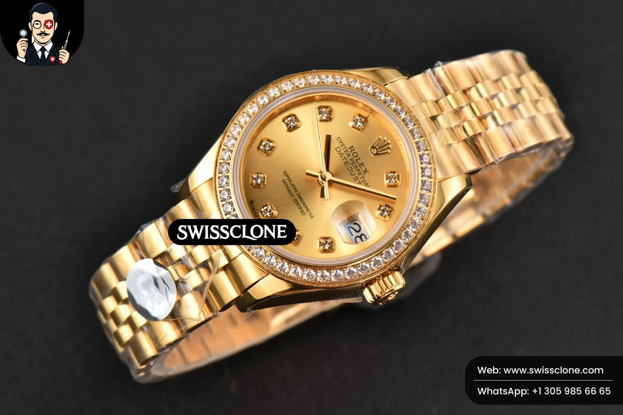 Rolex DateJust 28mm Ladies WF Diamond Gold Dial Diamond Marker Jubilee 1:1 Super Clone - Bezel & Case Profile