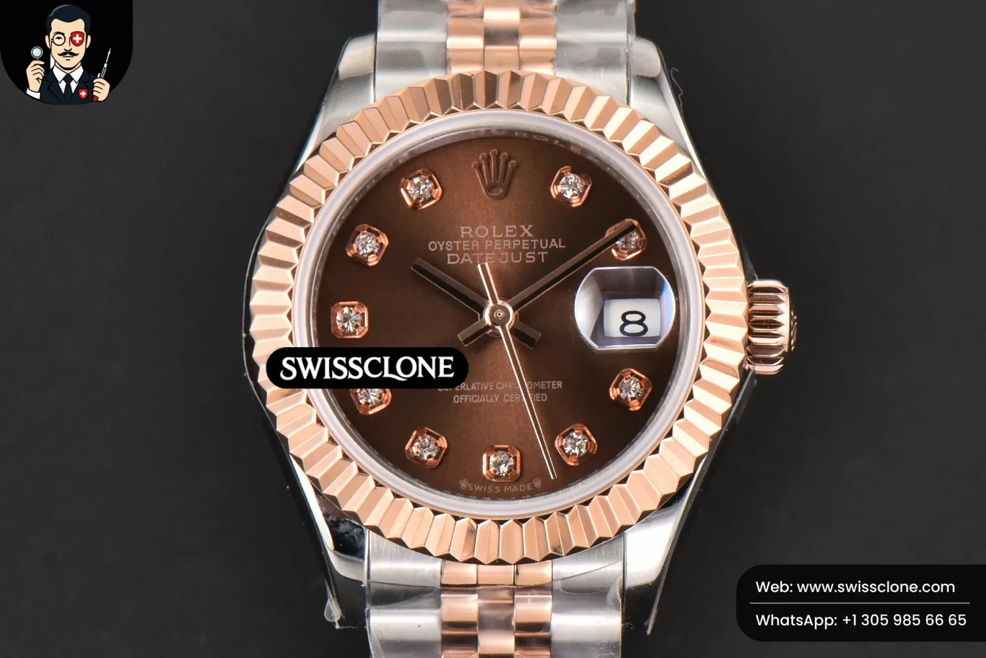 Rolex DateJust 28mm Ladies WF RG/SS Brown Dial Diamond Marker Jubilee