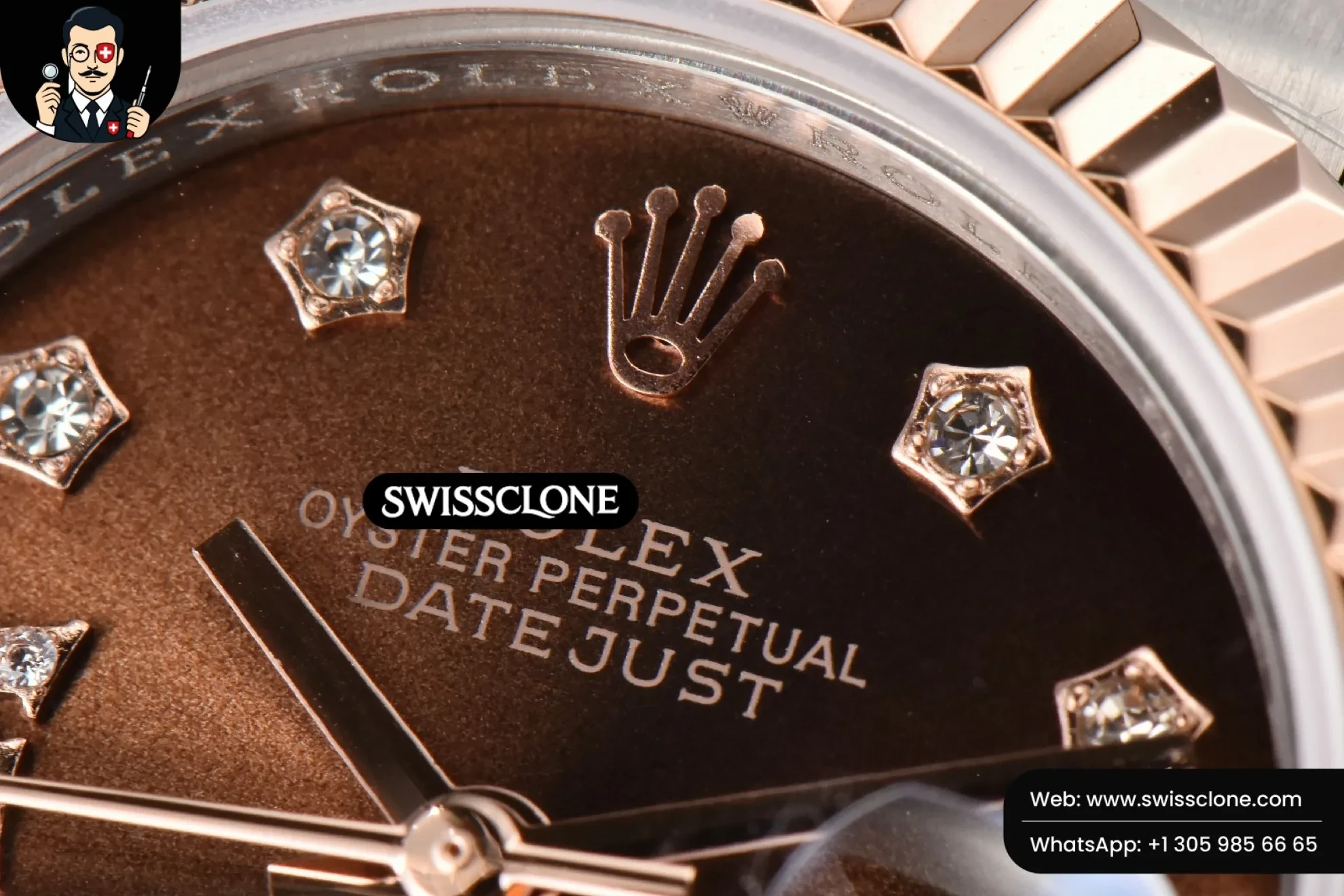 Rolex DateJust 28mm Ladies WF RG/SS Brown Dial Diamond Roma Marker Jubilee 1:1 Super Clone - Caseback & Cloned Calibre Movement