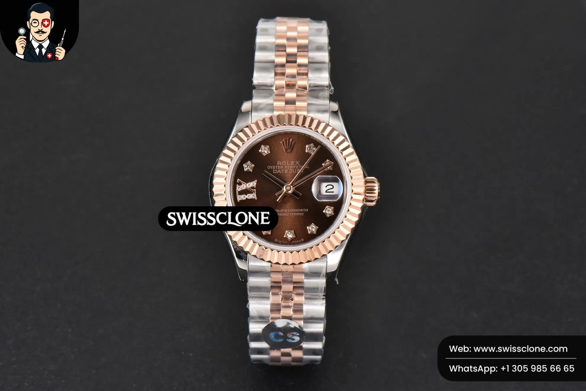 Rolex DateJust 28mm Ladies WF RG/SS Brown Dial Diamond Roma Marker Jubilee 1:1 Super Clone - Dial Macro Close-Up