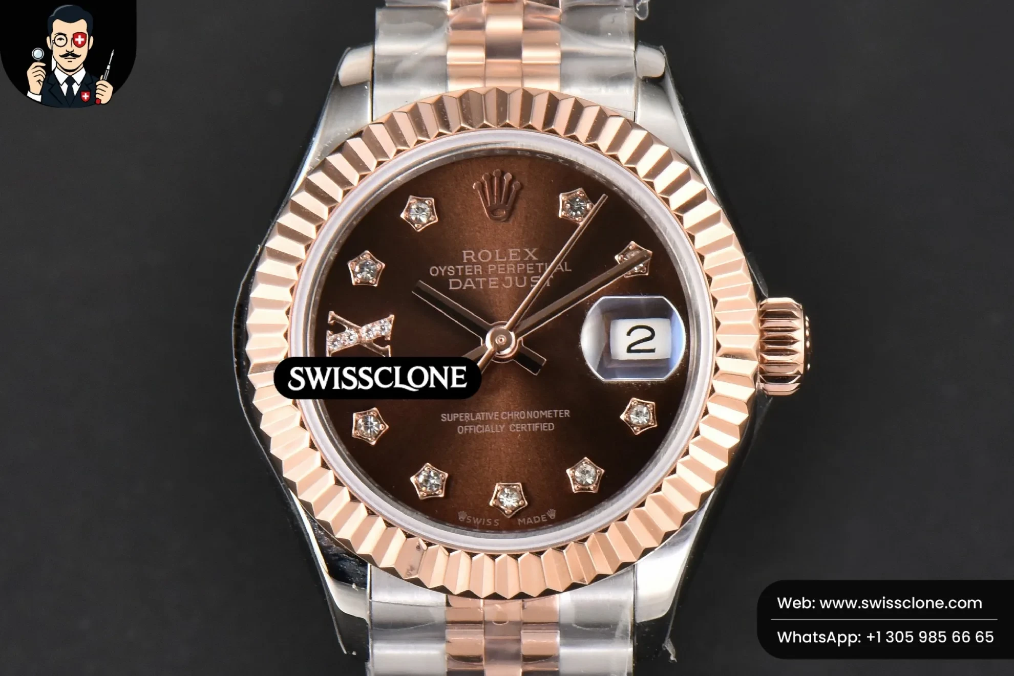 Rolex DateJust 28mm Ladies WF RG/SS Brown Dial Diamond Roma Marker Jubilee