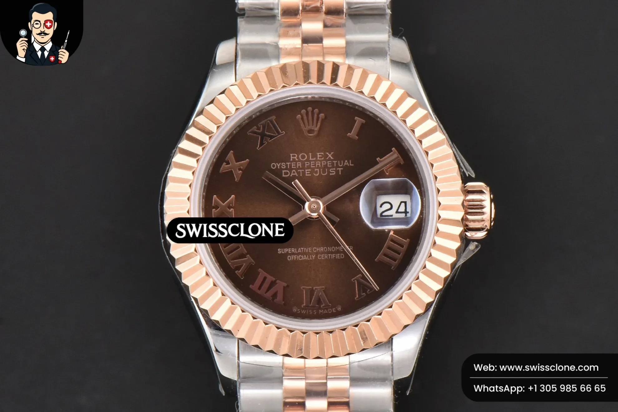 Rolex DateJust 28mm Ladies WF RG/SS Brown Dial Roma Marker Jubilee