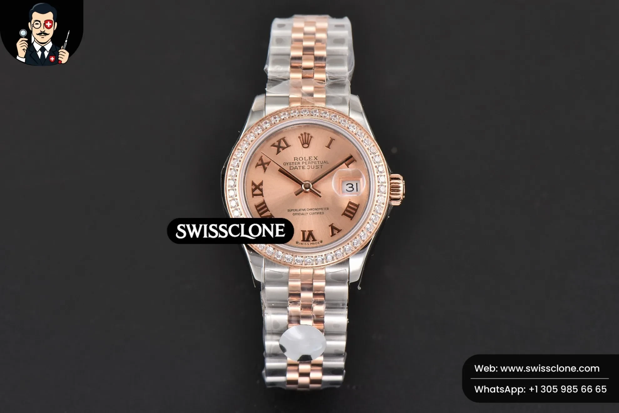 Rolex DateJust 28mm Ladies WF RG/SS Diamond Dial Roma Marker Jubilee 1:1 Super Clone - Dial Macro Close-Up