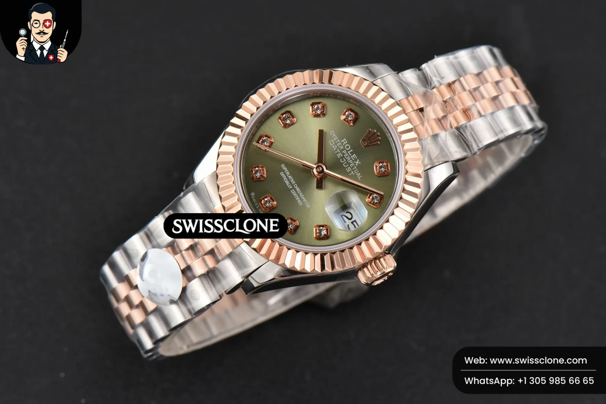 Rolex DateJust 28mm Ladies WF RG/SS Green Dial Diamond Marker Jubilee 1:1 Super Clone - Bezel & Case Profile